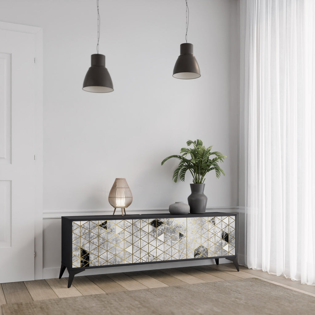 ASHEN ARIA Móvel de TV com 3 Portas em Acabamento Preto