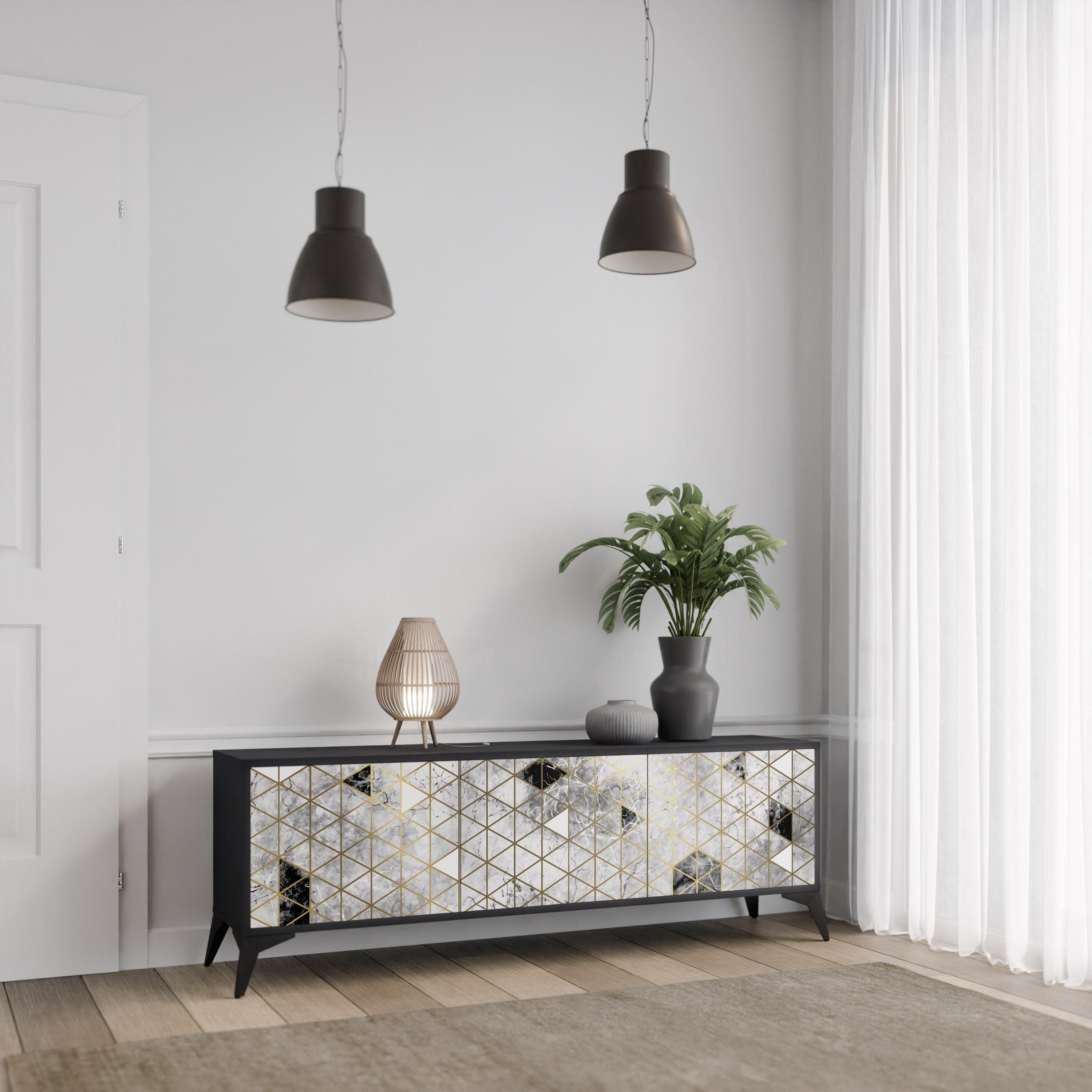 ASHEN ARIA Móvel de TV com 3 Portas em Acabamento Preto