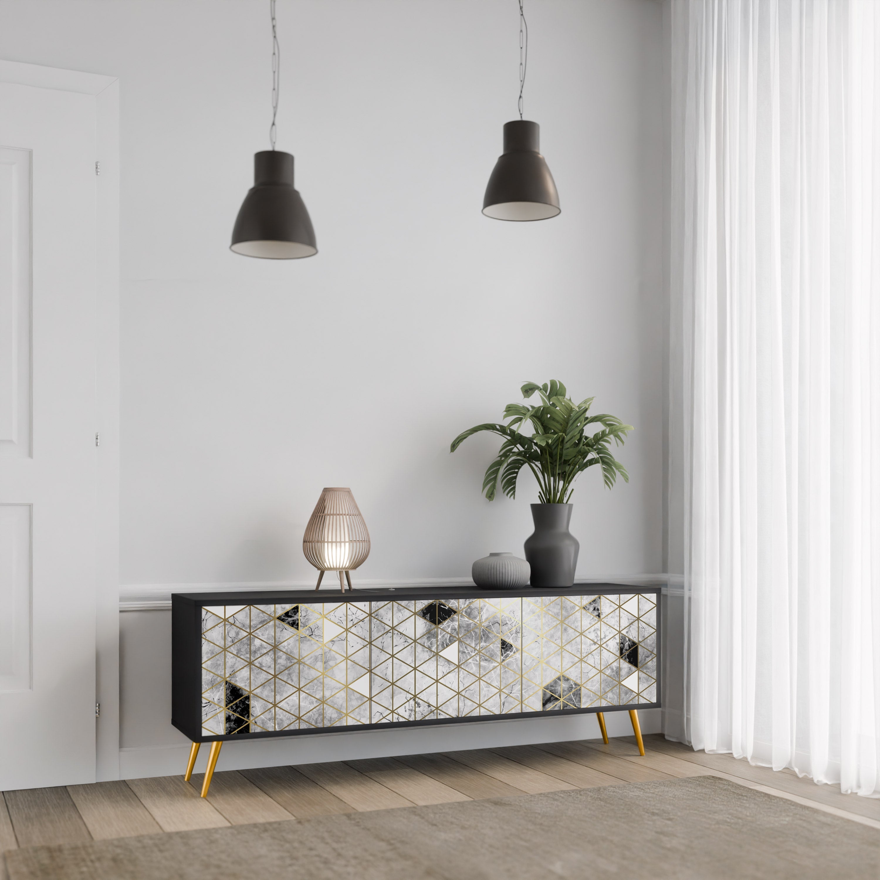 ASHEN ARIA Móvel de TV com 3 Portas em Acabamento Preto