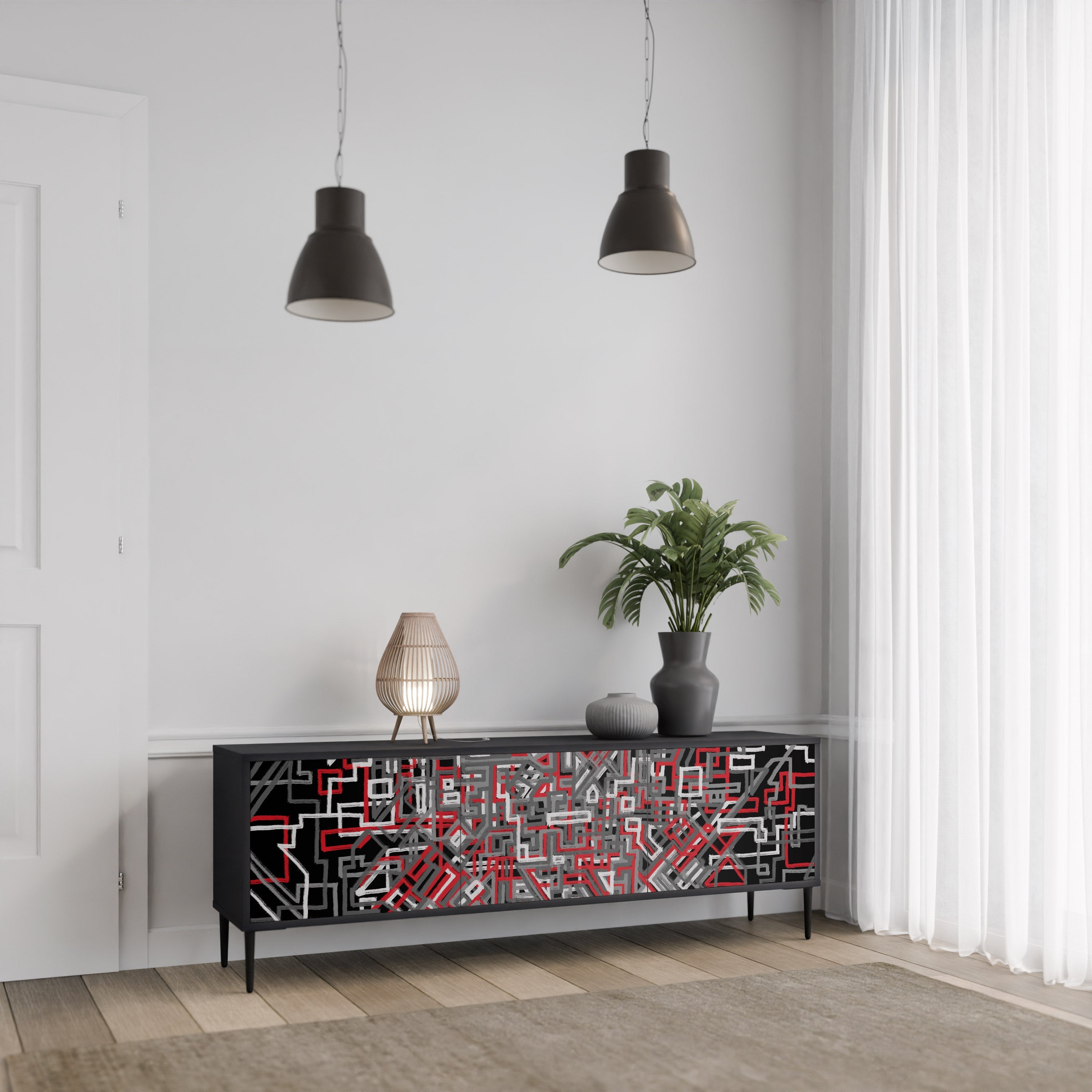 BROKEN LINES Móvel de TV com 3 Portas em Acabamento Preto