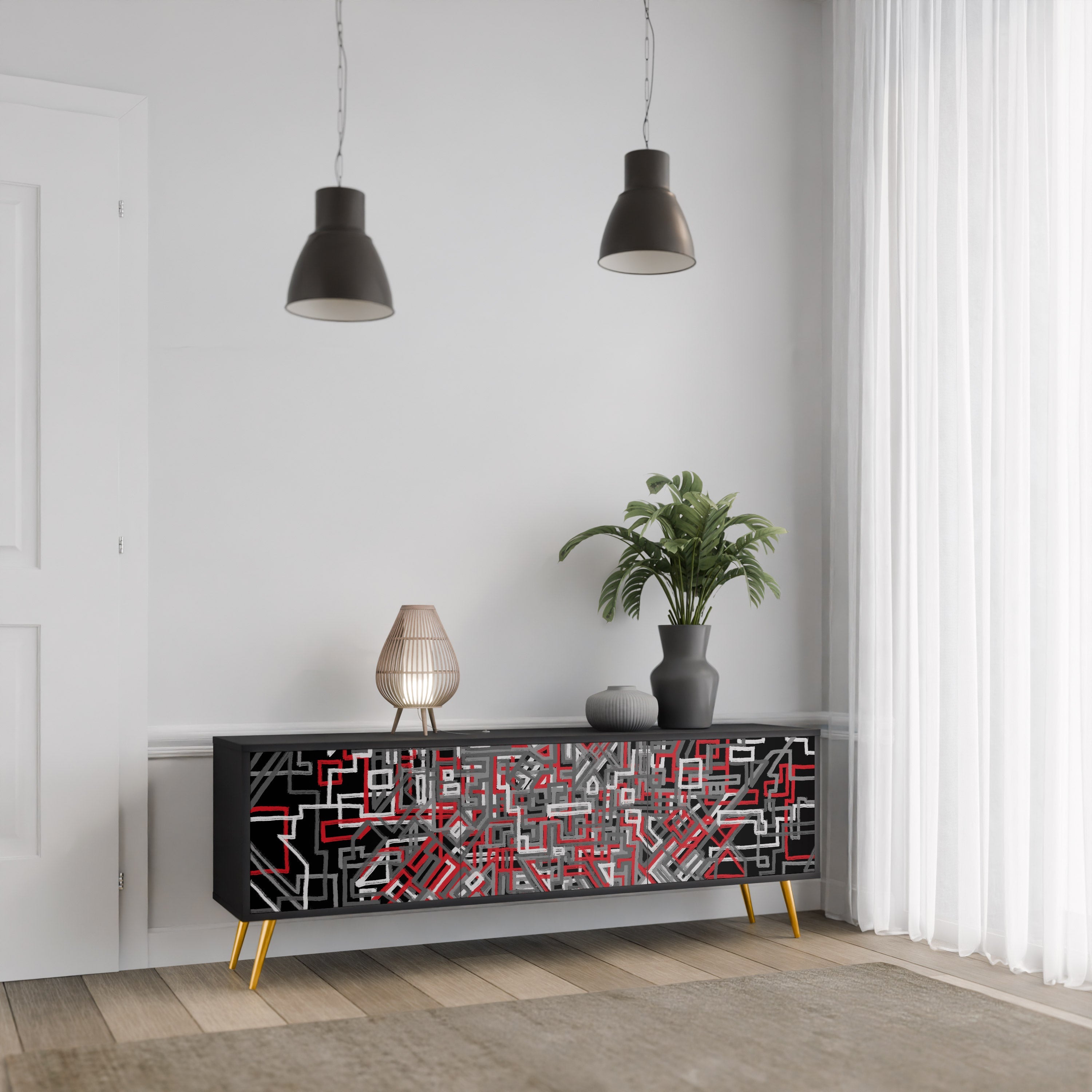 BROKEN LINES Móvel de TV com 3 Portas em Acabamento Preto