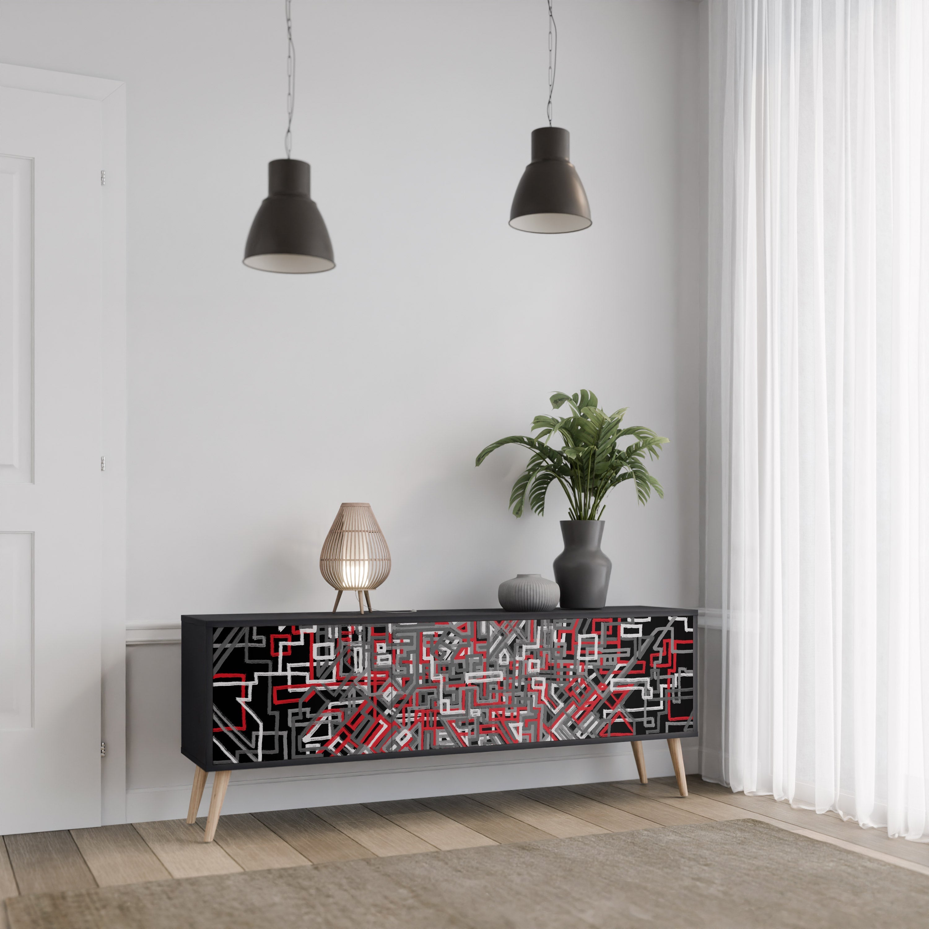 BROKEN LINES Móvel de TV com 3 Portas em Acabamento Preto