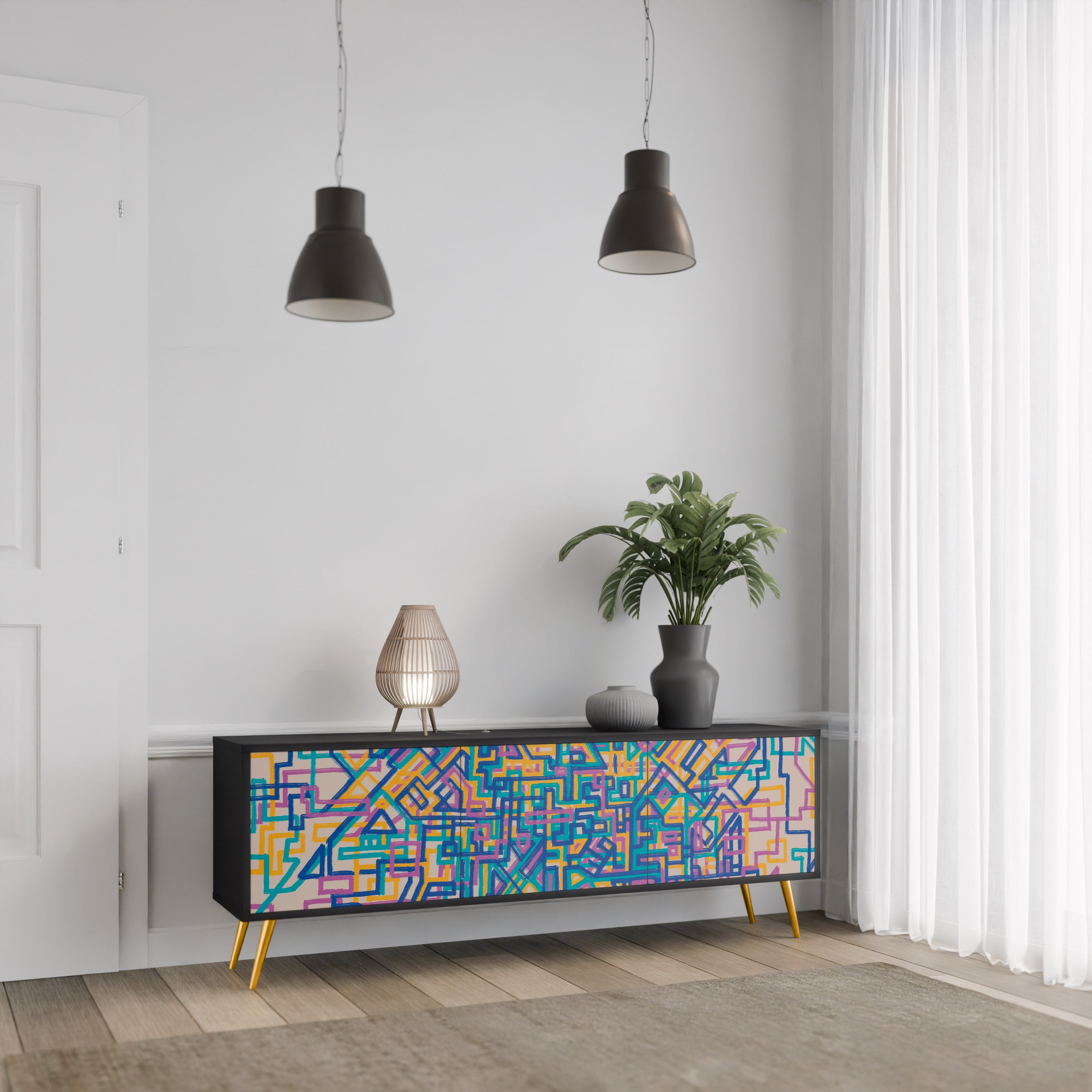 MEMORIES MAP 3-Door TV Stand in Black Finish