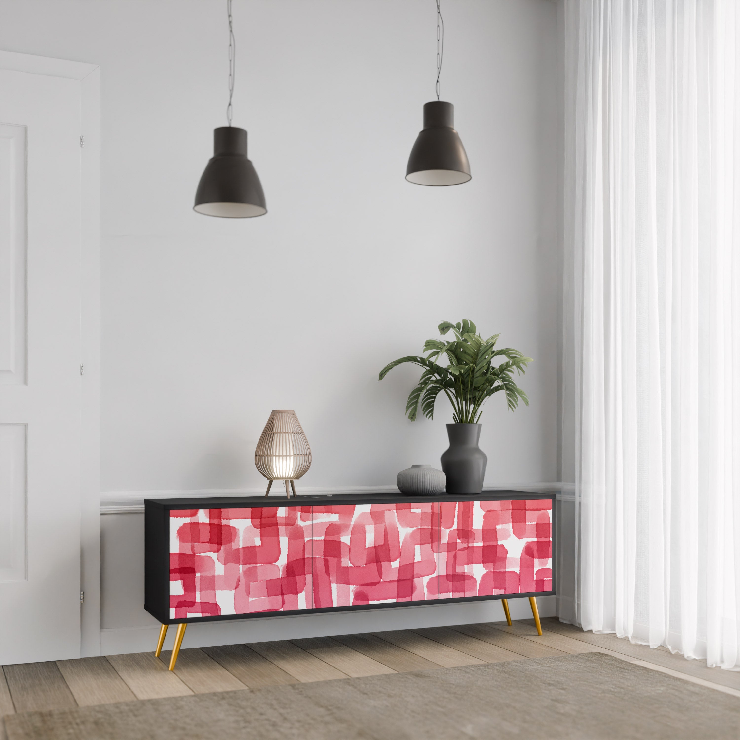 KALEIDOSCOPIC CUBISM 3-Door TV Stand in Black Finish