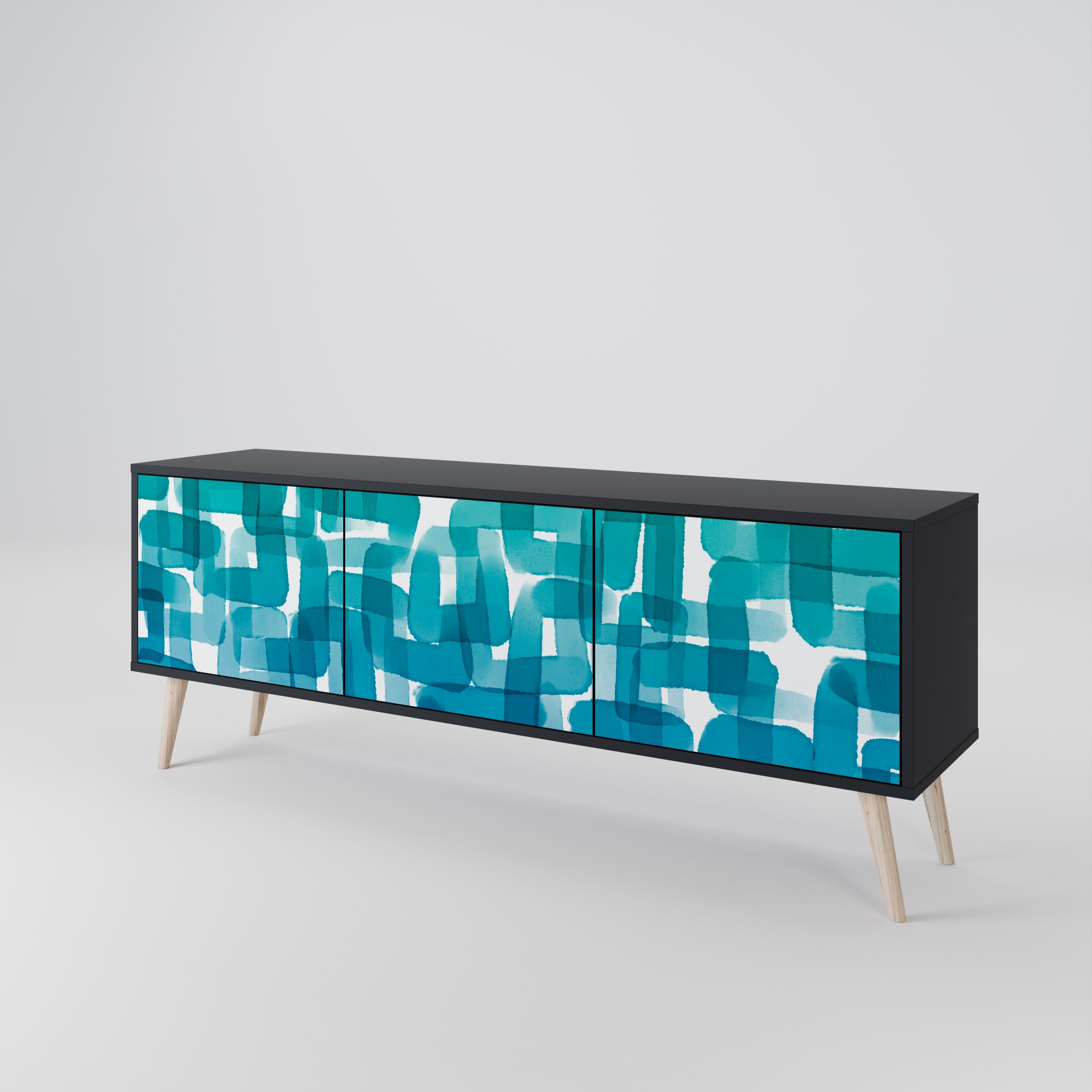 TURQUOISE RECTANGLES 3-Door TV Stand in Black Finish