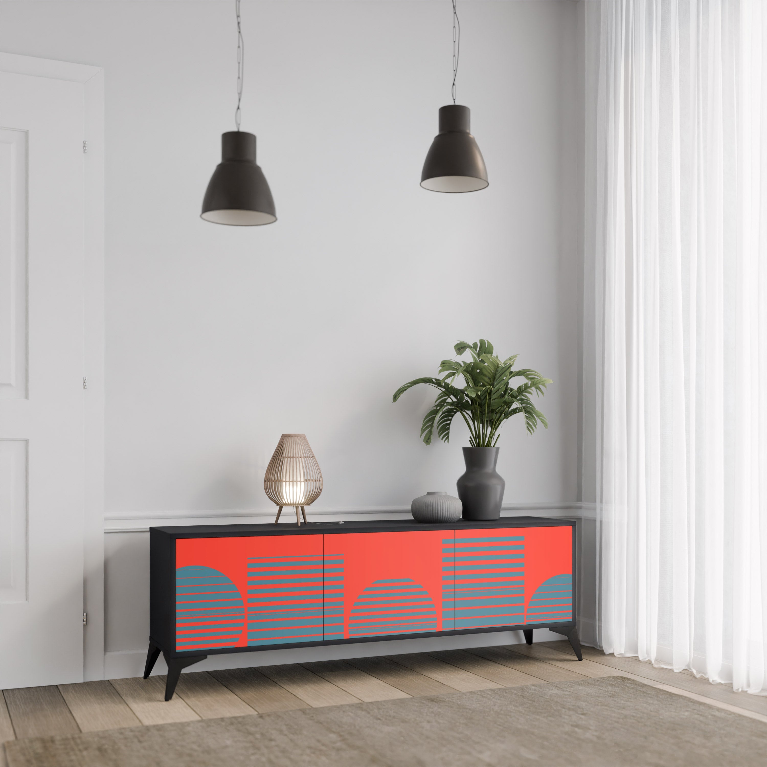 RISING GEOMETRY STARS 3-Door TV Stand in Black Finish