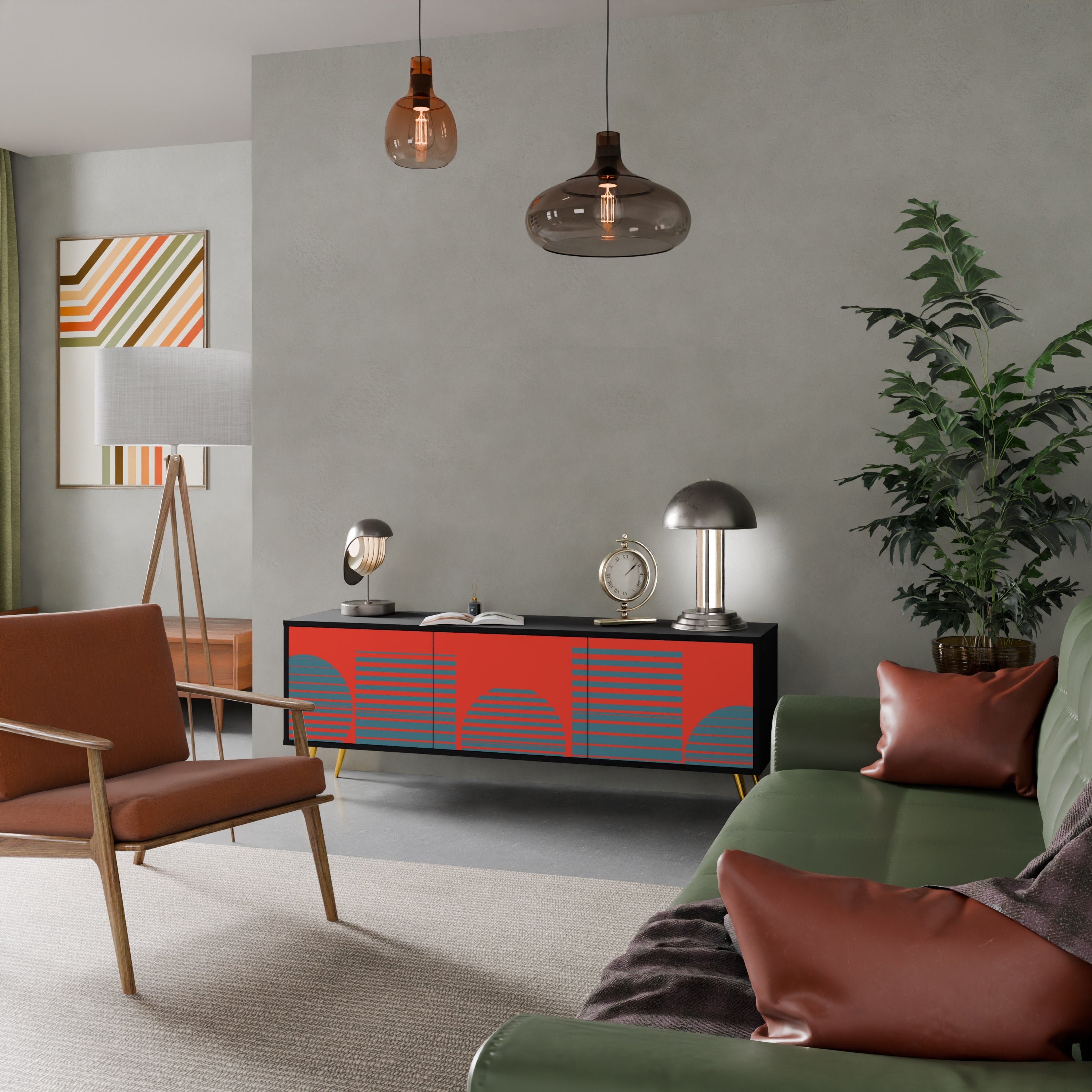 RISING GEOMETRY STARS 3-Door TV Stand in Black Finish