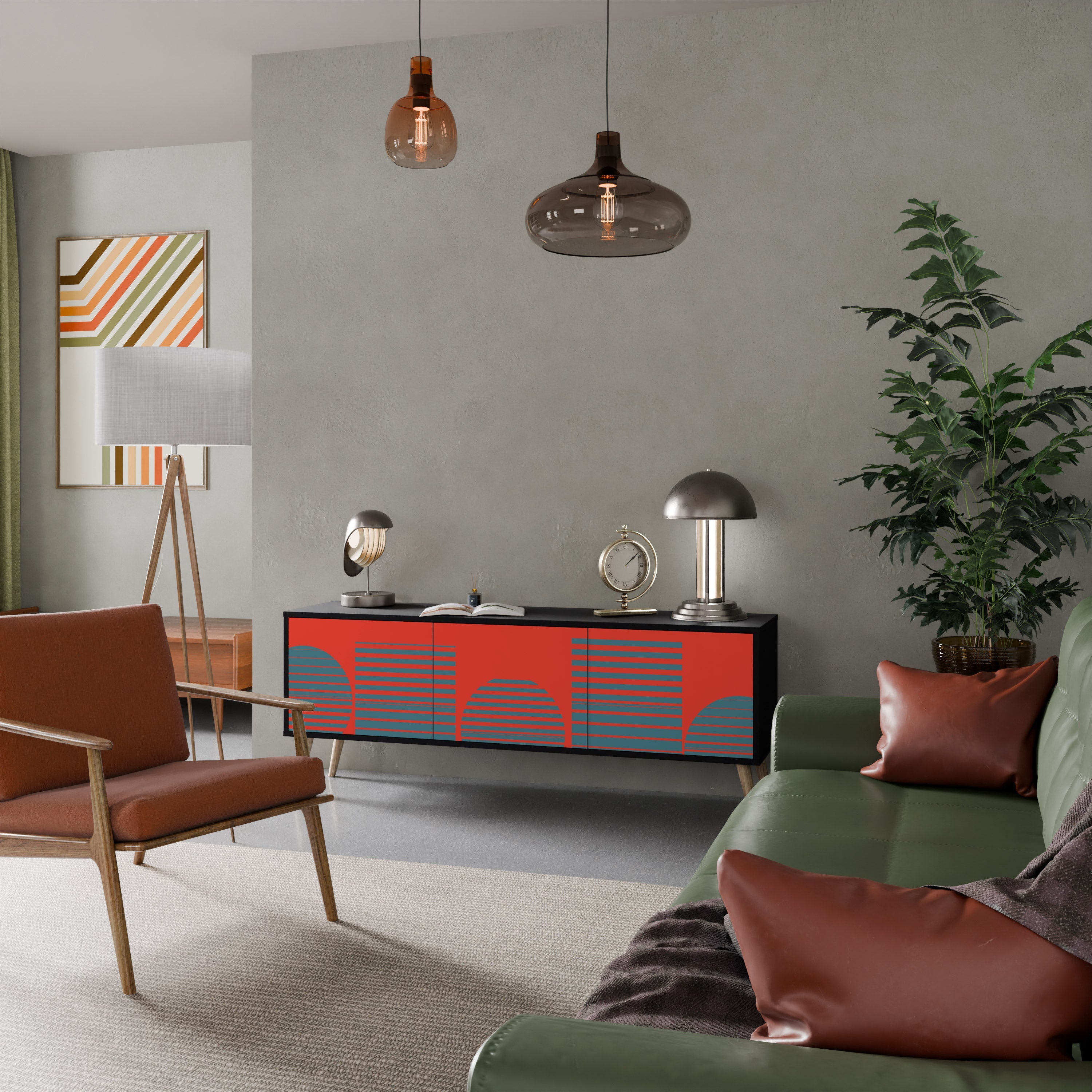 RISING GEOMETRY STARS 3-Door TV Stand in Black Finish