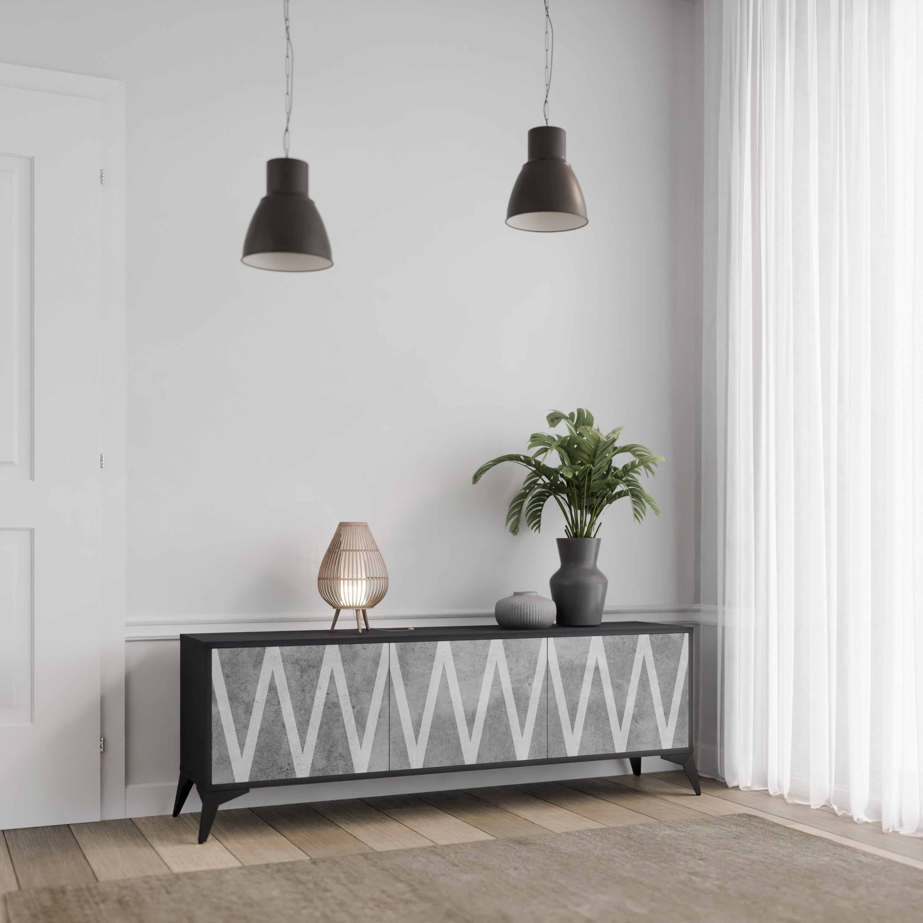 SOLID ZIG ZAG Móvel de TV com 3 Portas em Acabamento Preto