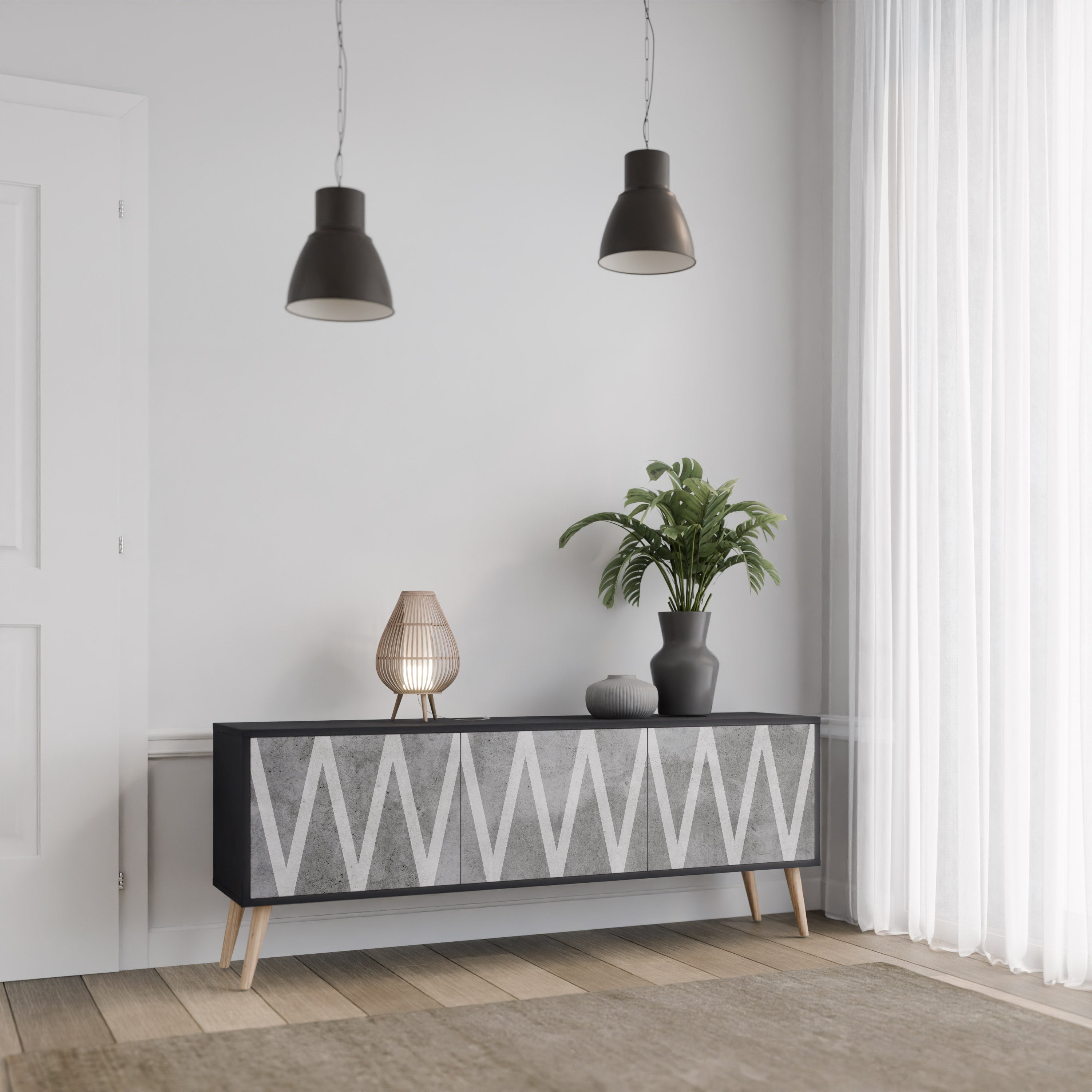 SOLID ZIG ZAG Móvel de TV com 3 Portas em Acabamento Preto