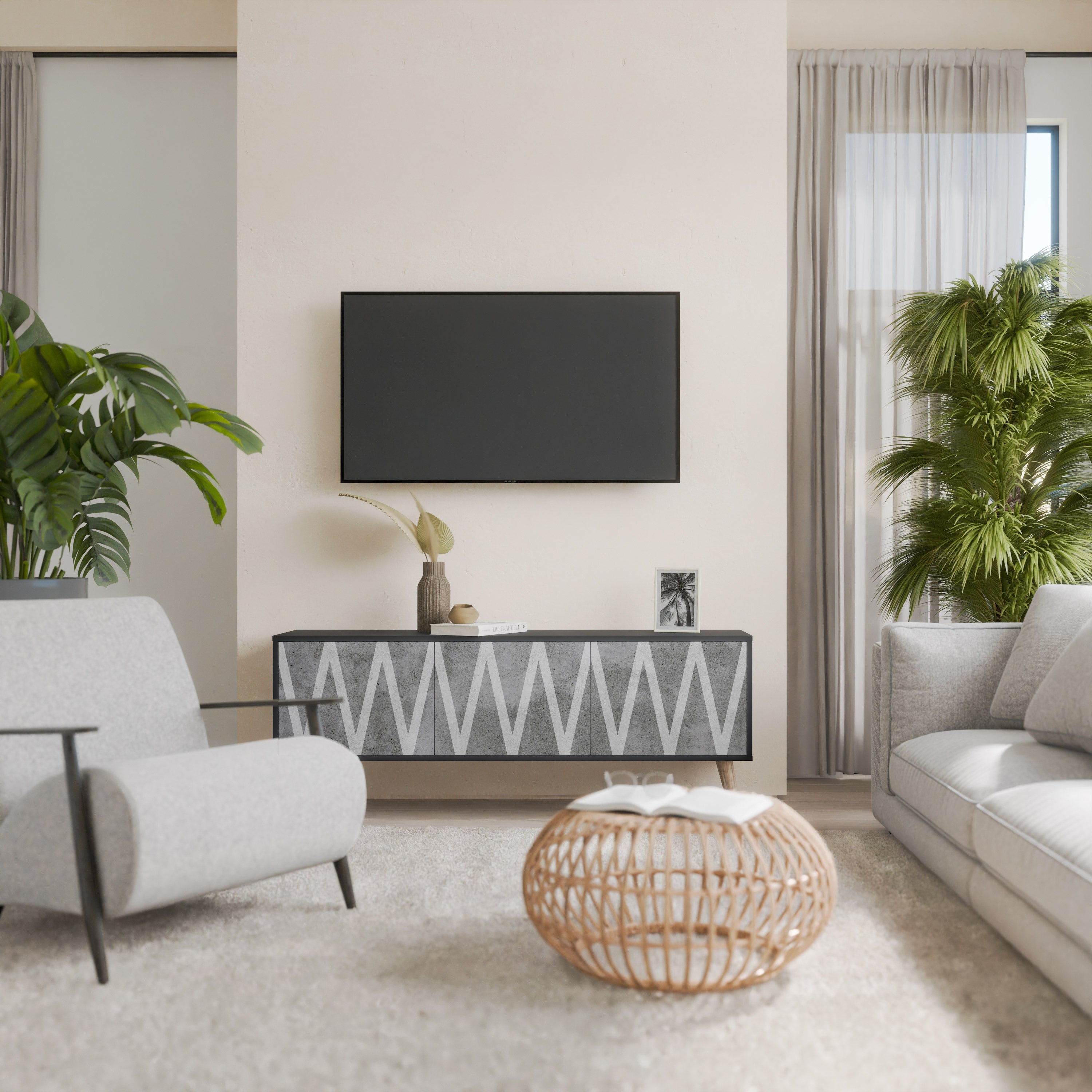 SOLID ZIG ZAG Móvel de TV com 3 Portas em Acabamento Preto