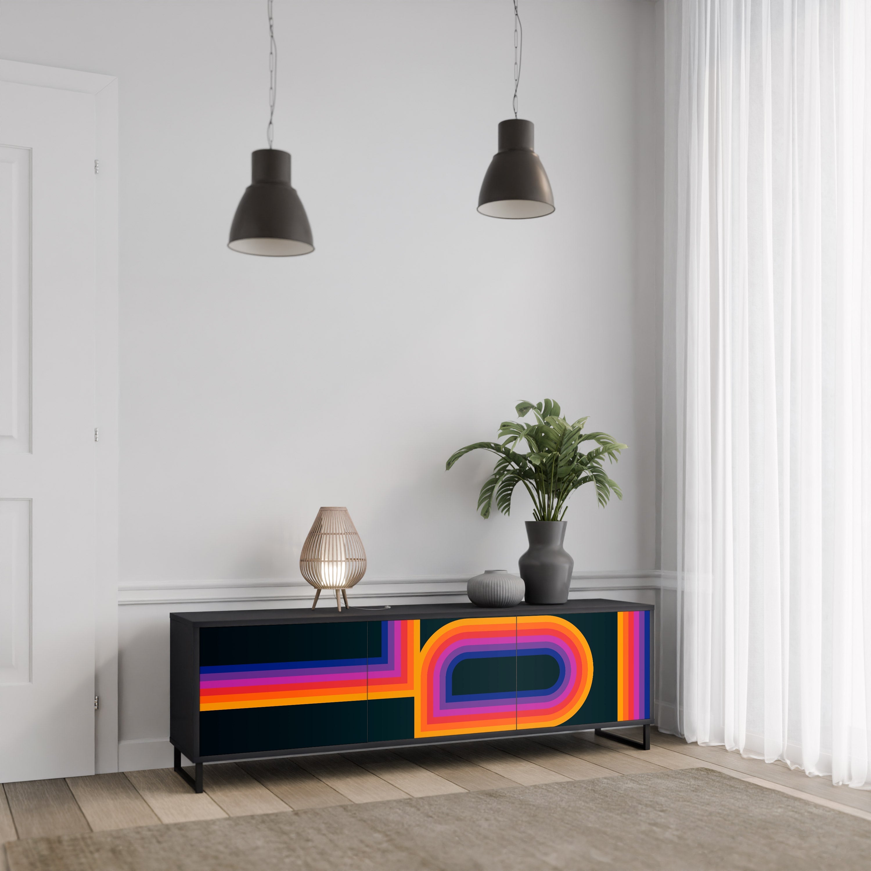 BLINDED BY THE LIGHTS 3-Door TV Stand in Black Finish