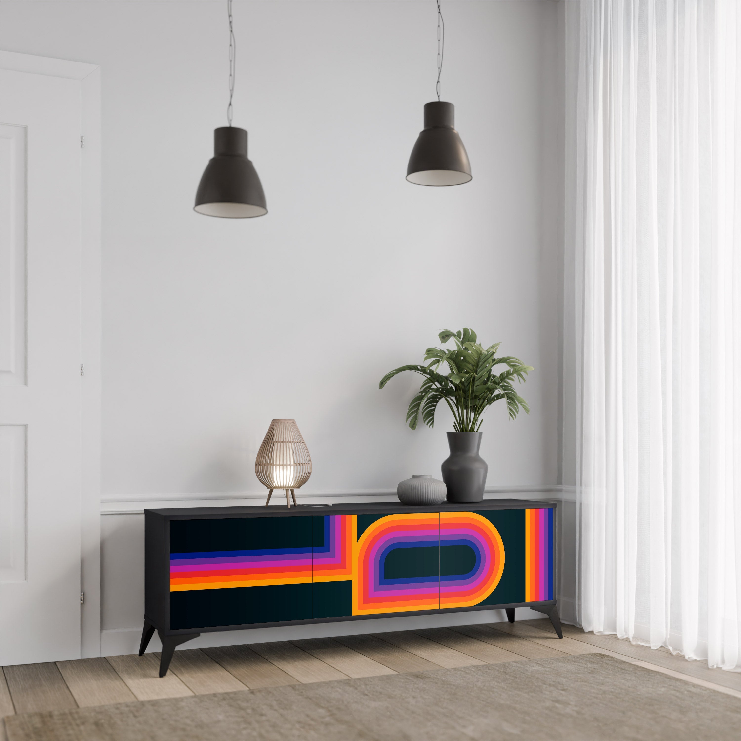 BLINDED BY THE LIGHTS 3-Door TV Stand in Black Finish