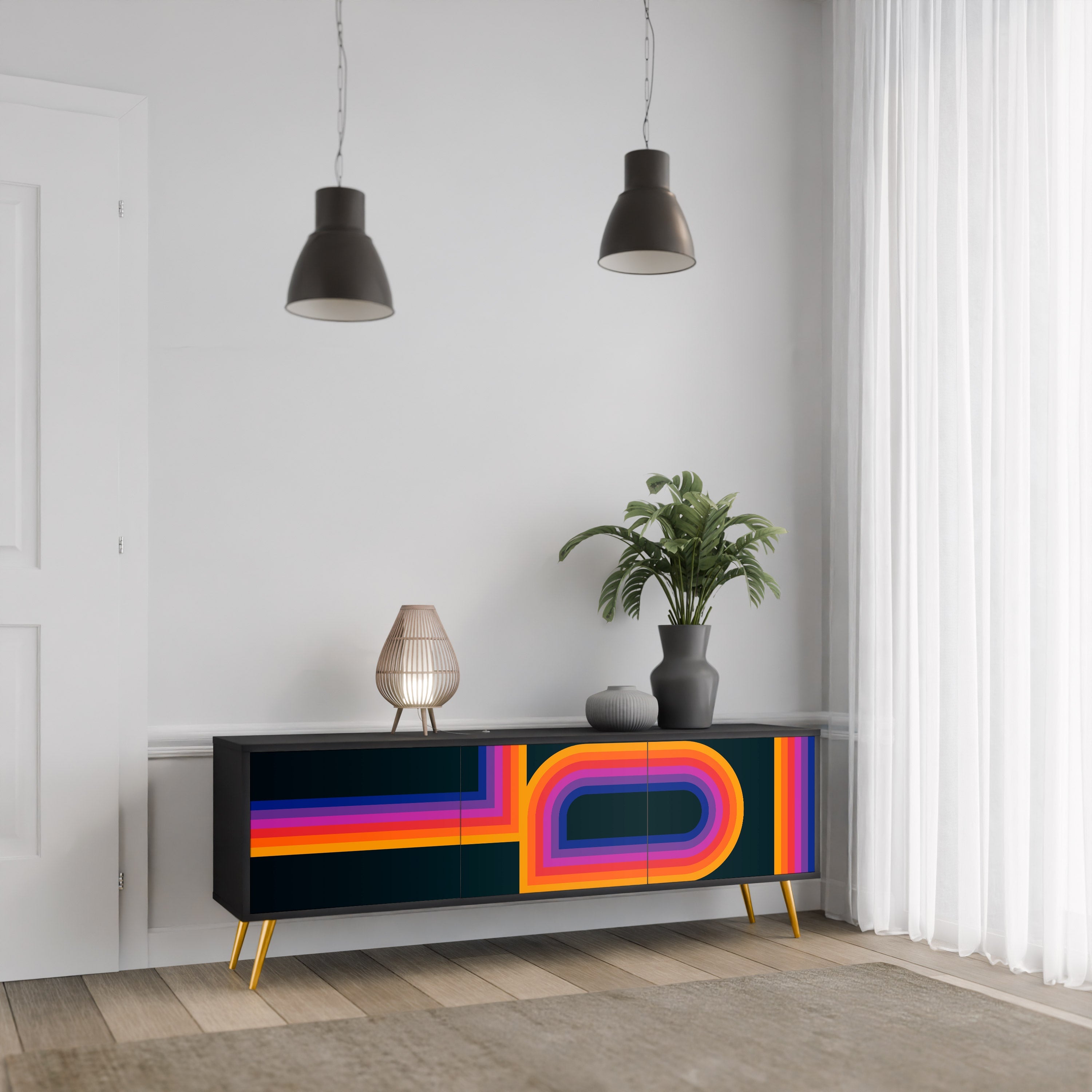 BLINDED BY THE LIGHTS 3-Door TV Stand in Black Finish