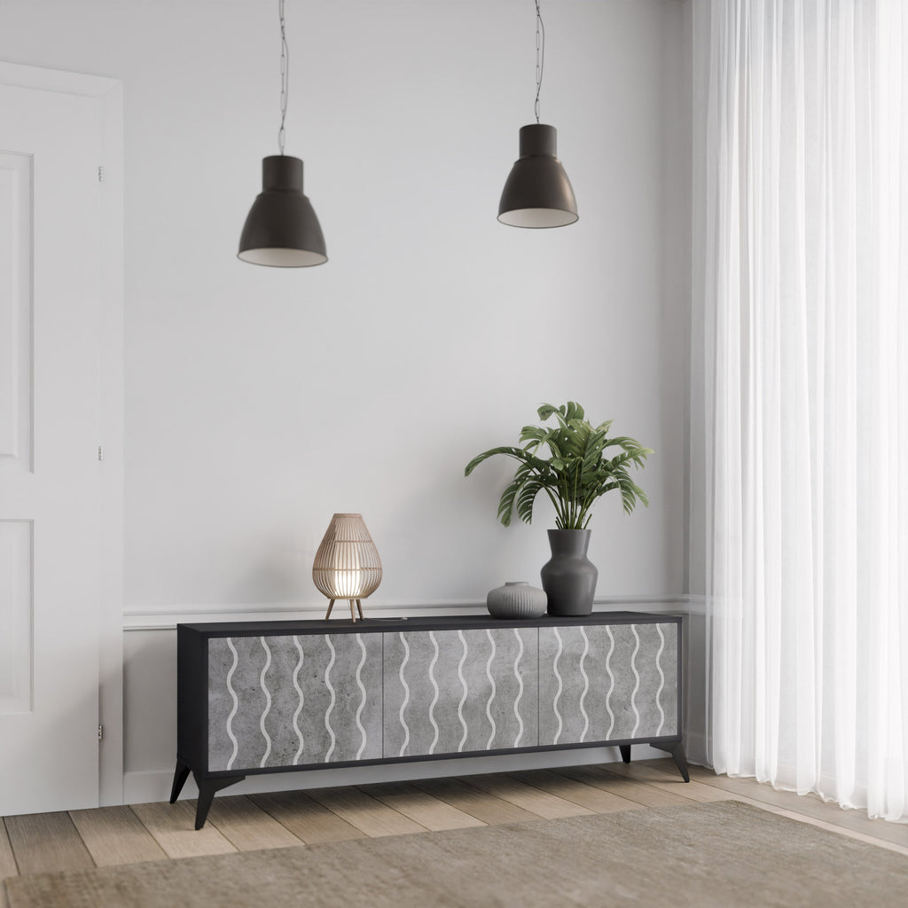 WAVES OF CONCRETE Móvel de TV com 3 Portas em Acabamento Preto