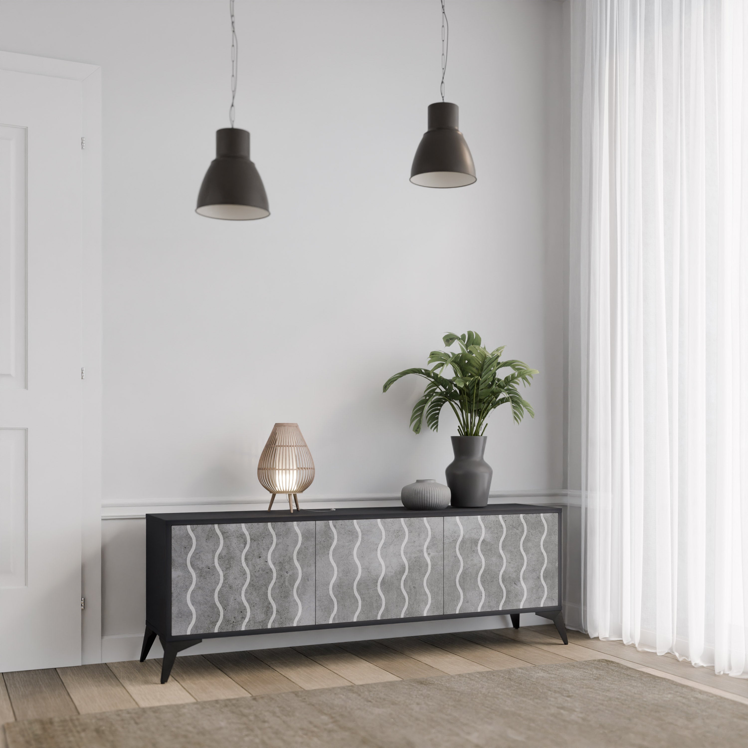 WAVES OF CONCRETE Móvel de TV com 3 Portas em Acabamento Preto