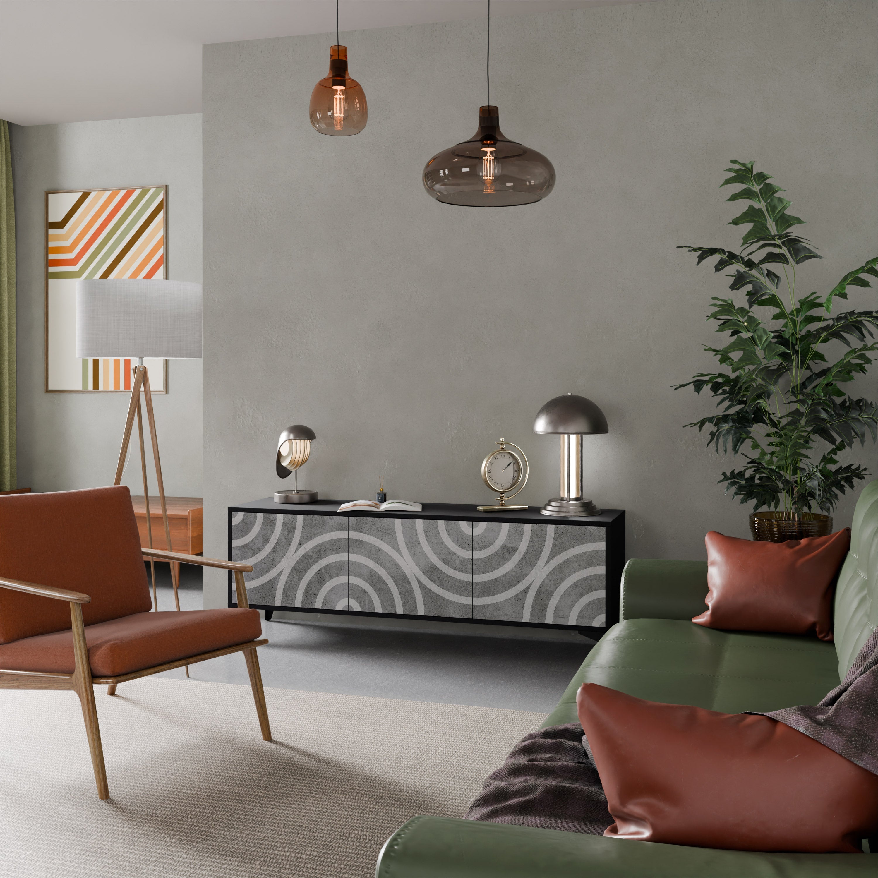 CIRCLE CONCRETE Móvel de TV com 3 Portas em Acabamento Preto