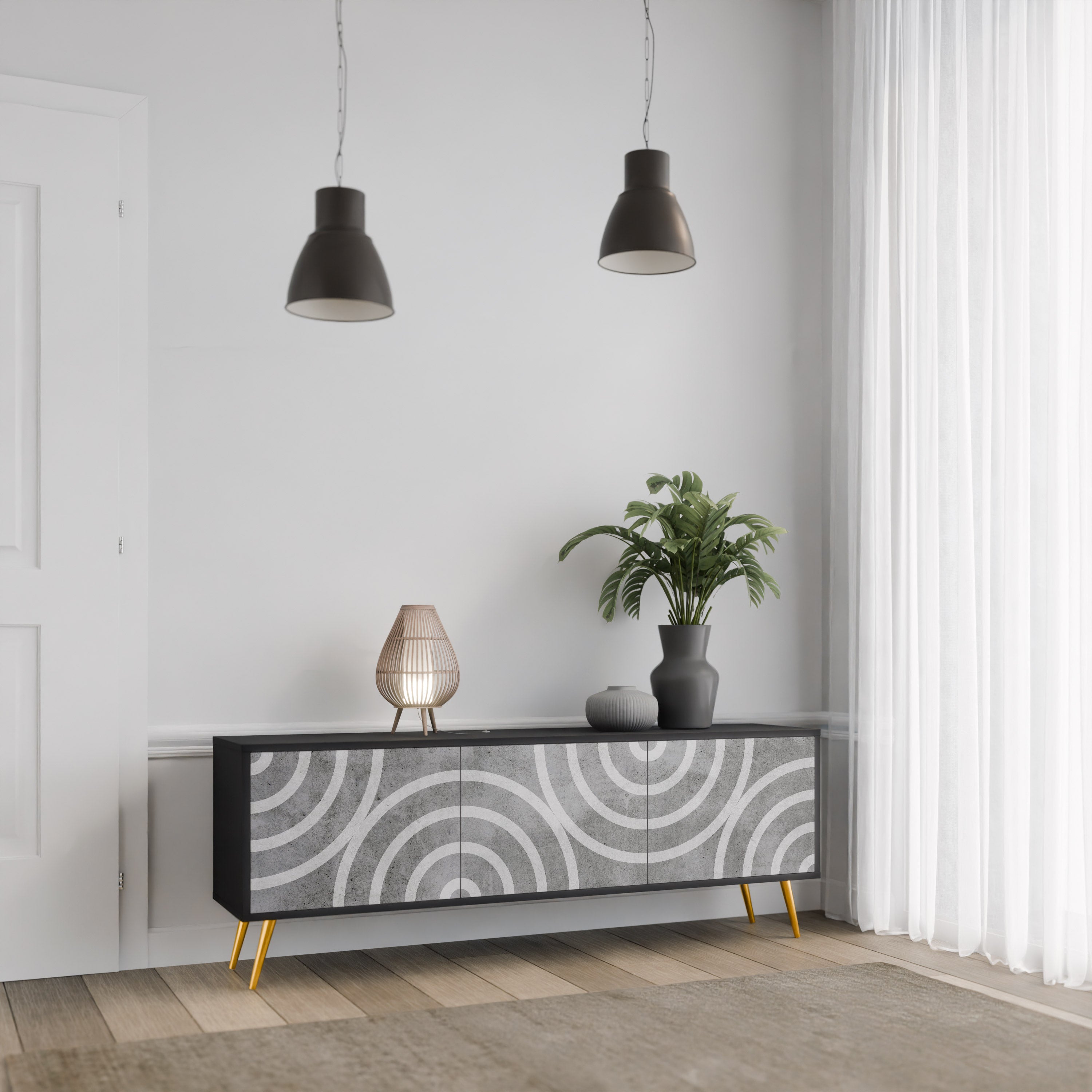 CIRCLE CONCRETE Móvel de TV com 3 Portas em Acabamento Preto