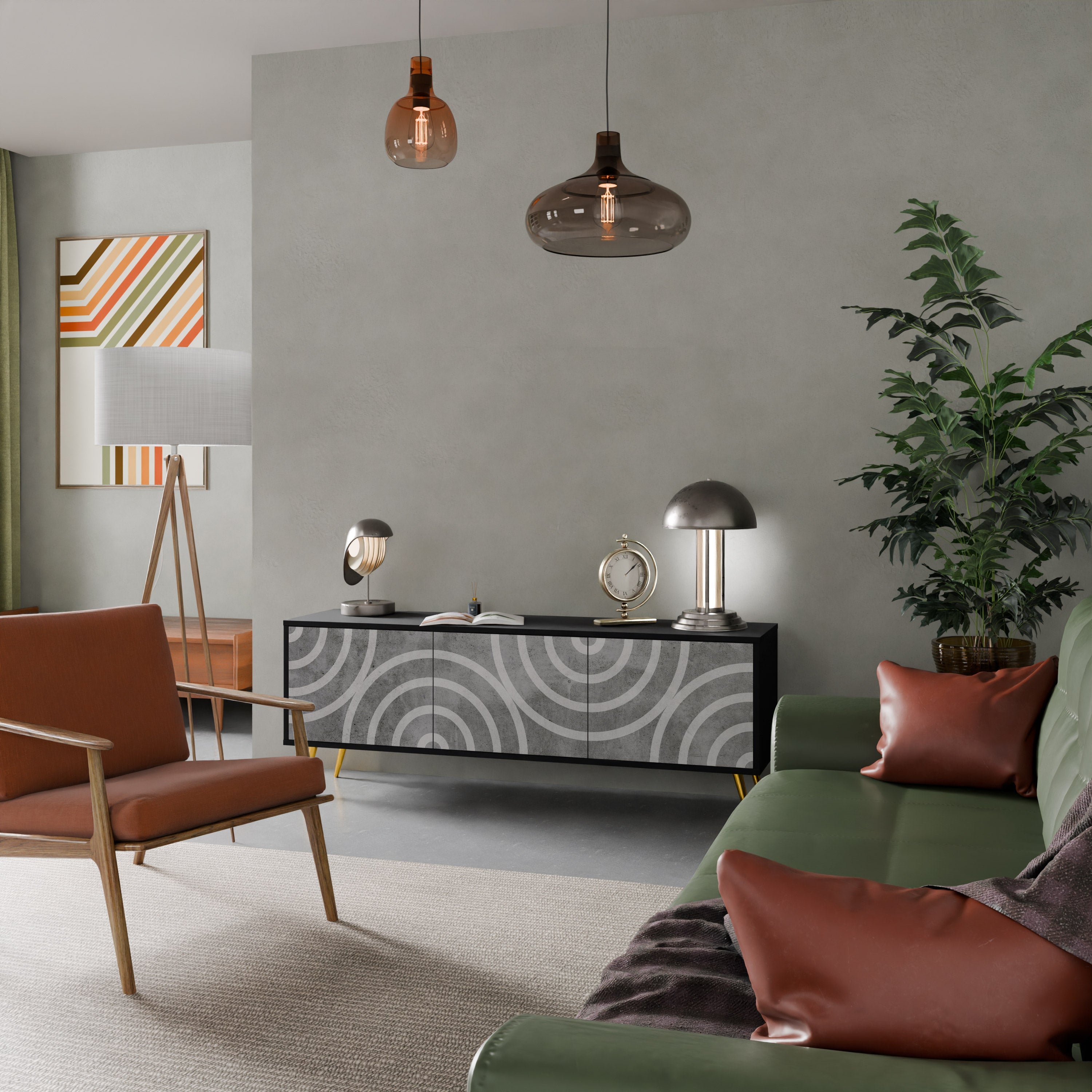 CIRCLE CONCRETE Móvel de TV com 3 Portas em Acabamento Preto