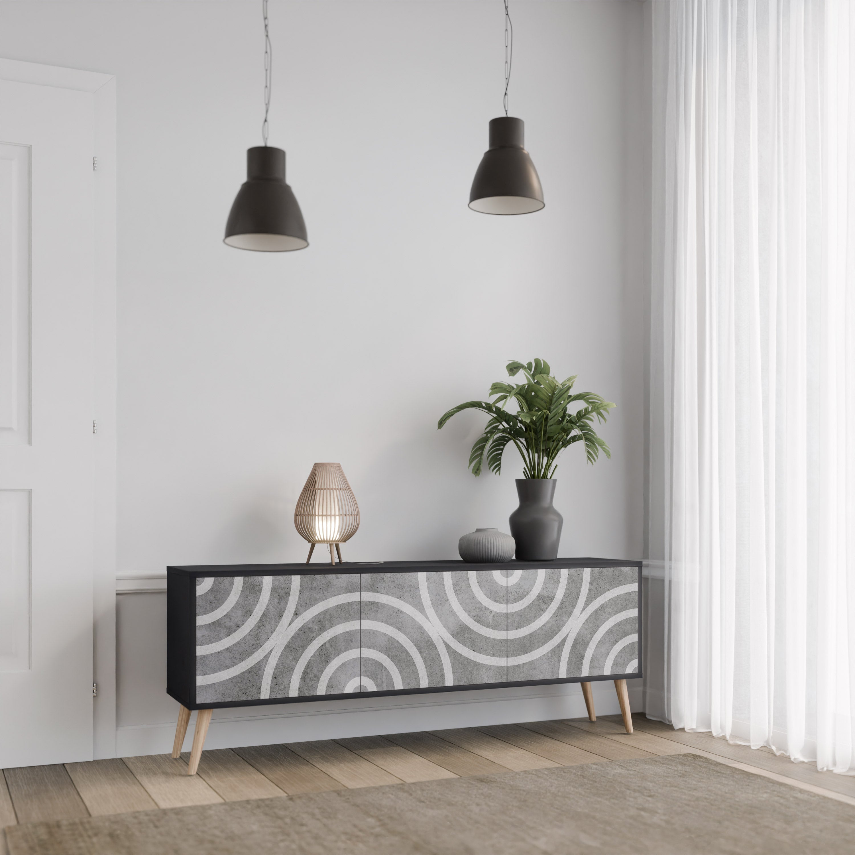 CIRCLE CONCRETE Móvel de TV com 3 Portas em Acabamento Preto