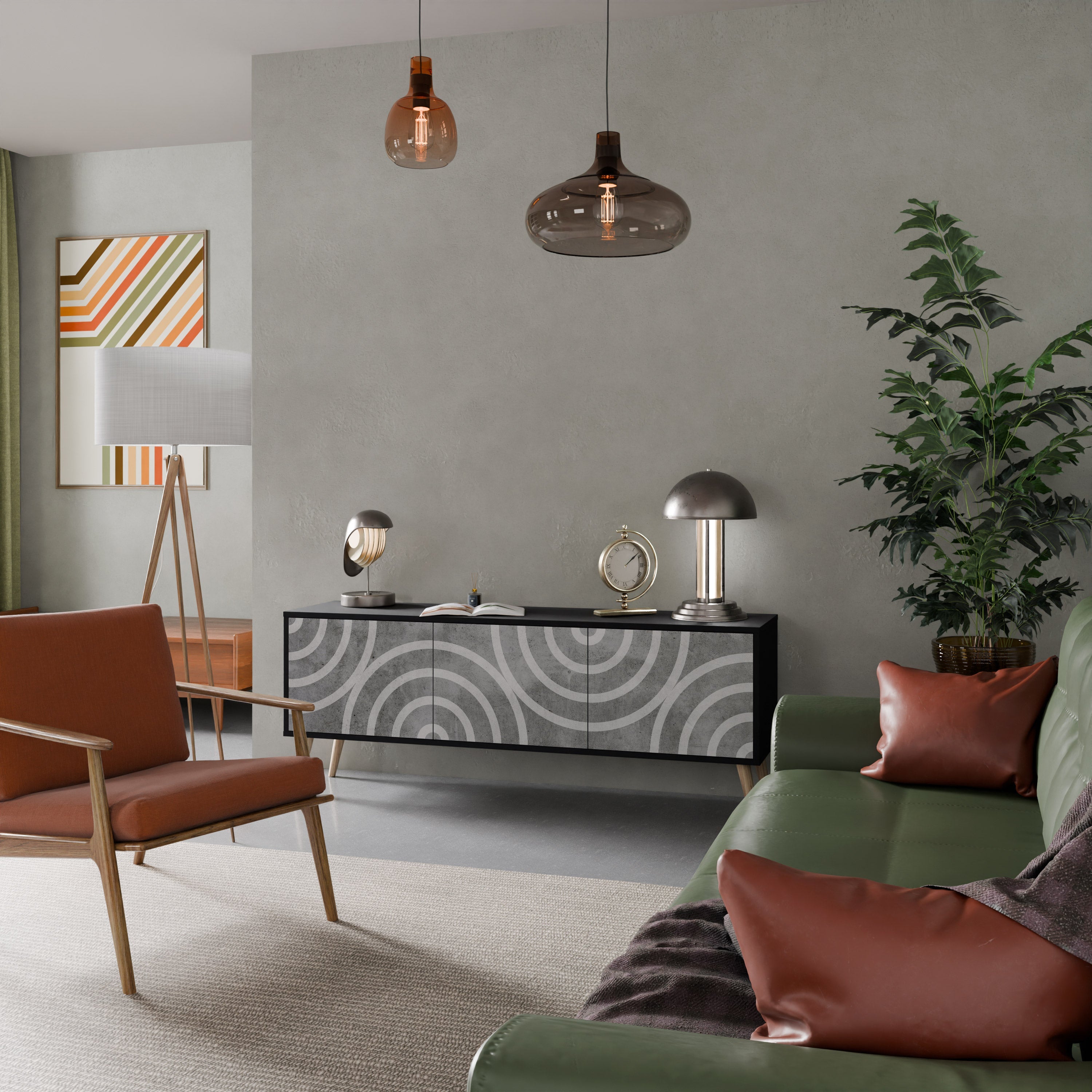 CIRCLE CONCRETE Móvel de TV com 3 Portas em Acabamento Preto