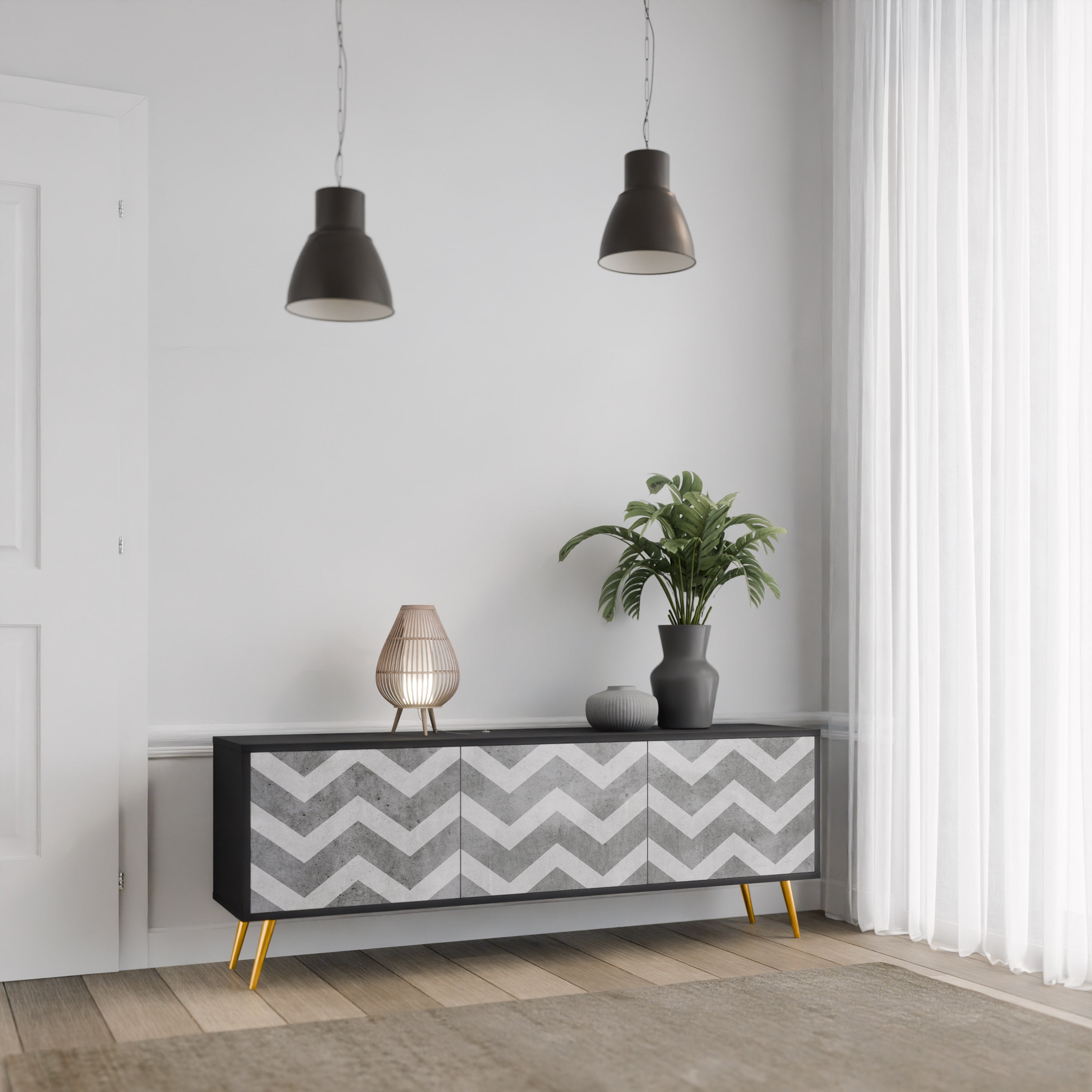 TOUGH ZIG ZAG Móvel de TV com 3 Portas em Acabamento Preto