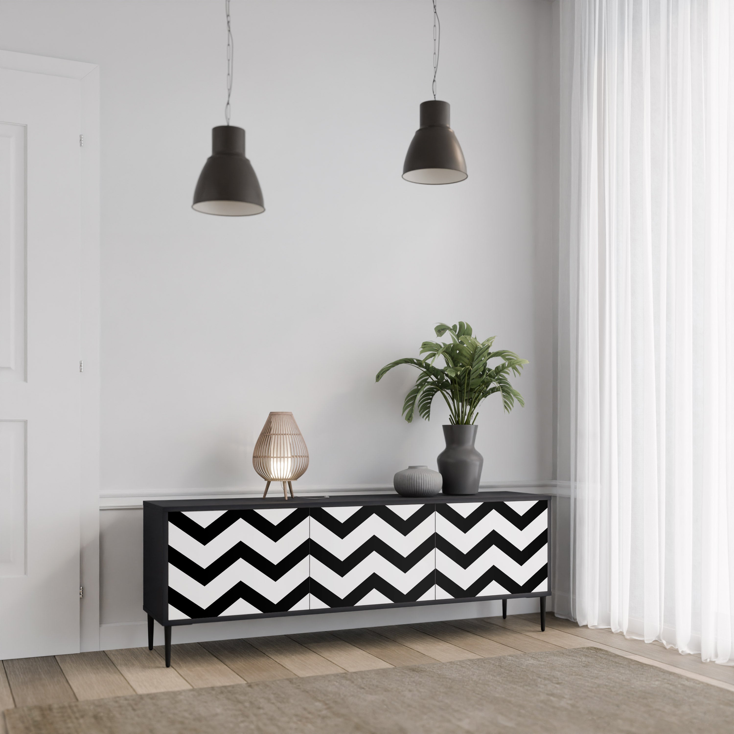 CLASSIC ZIG ZAG Móvel de TV com 3 Portas em Acabamento Preto