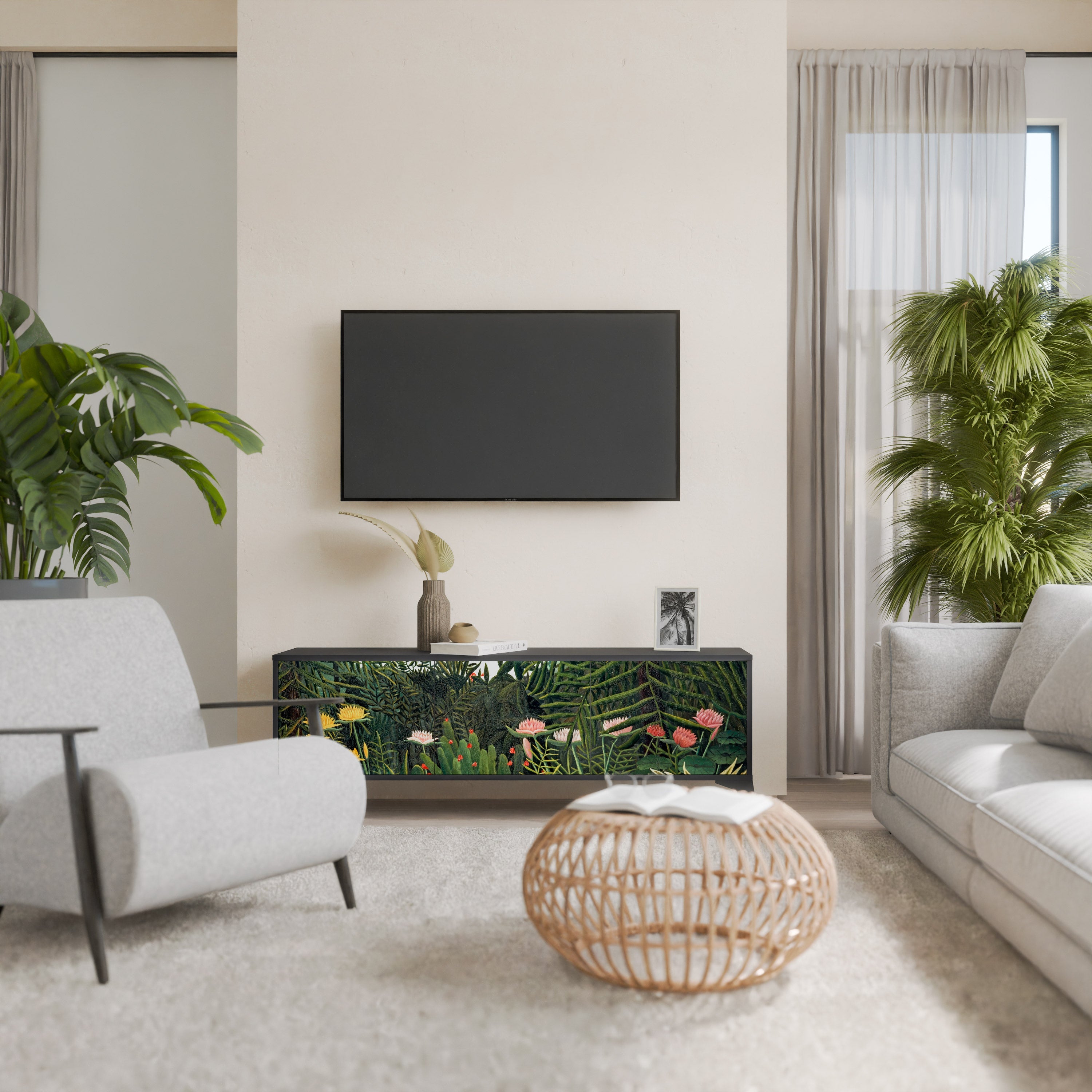 VIRGIN FOREST WITH SUNSET 3-Door TV Stand in Black Finish