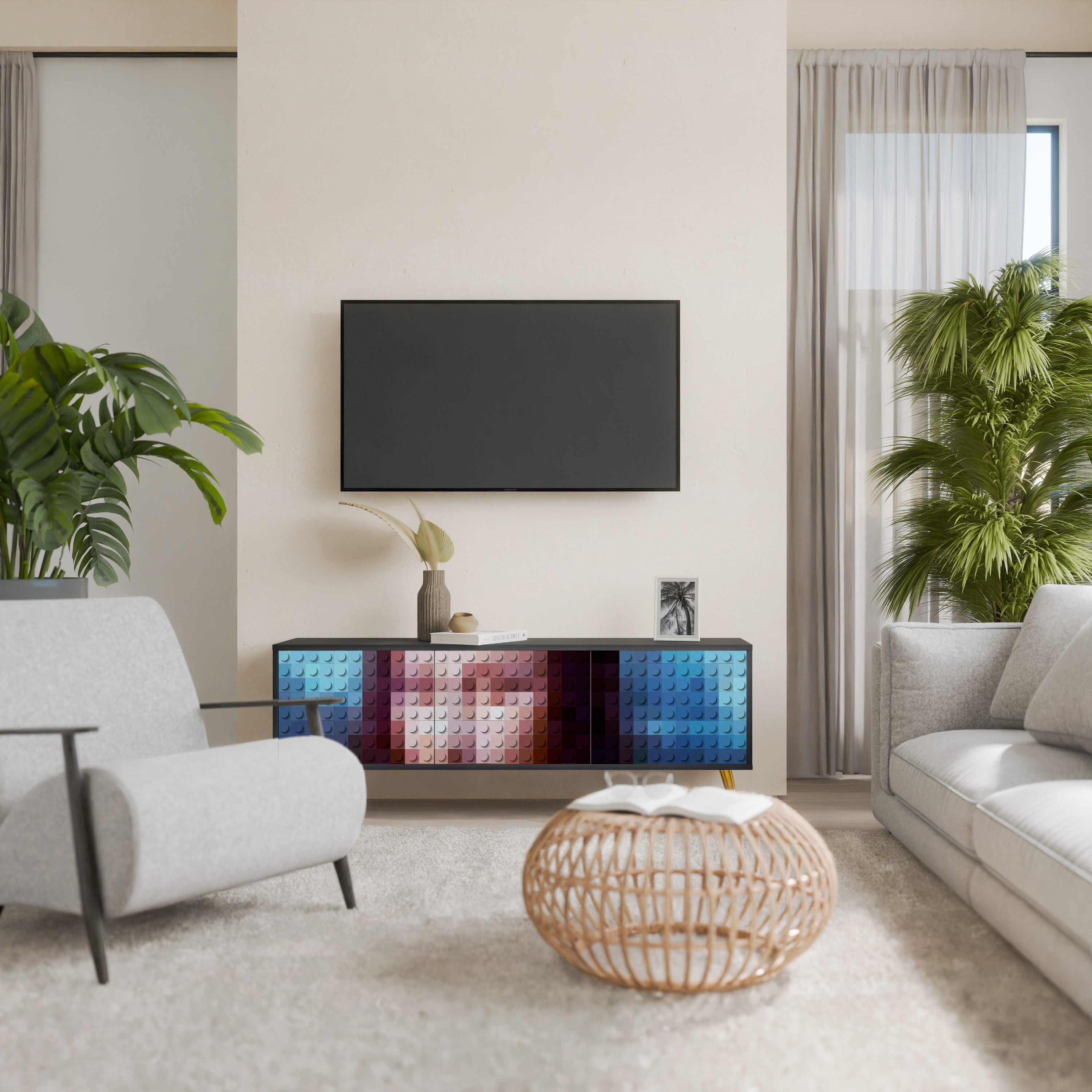 CONSTRUCTIVE ART Móvel de TV com 3 Portas em Acabamento Preto