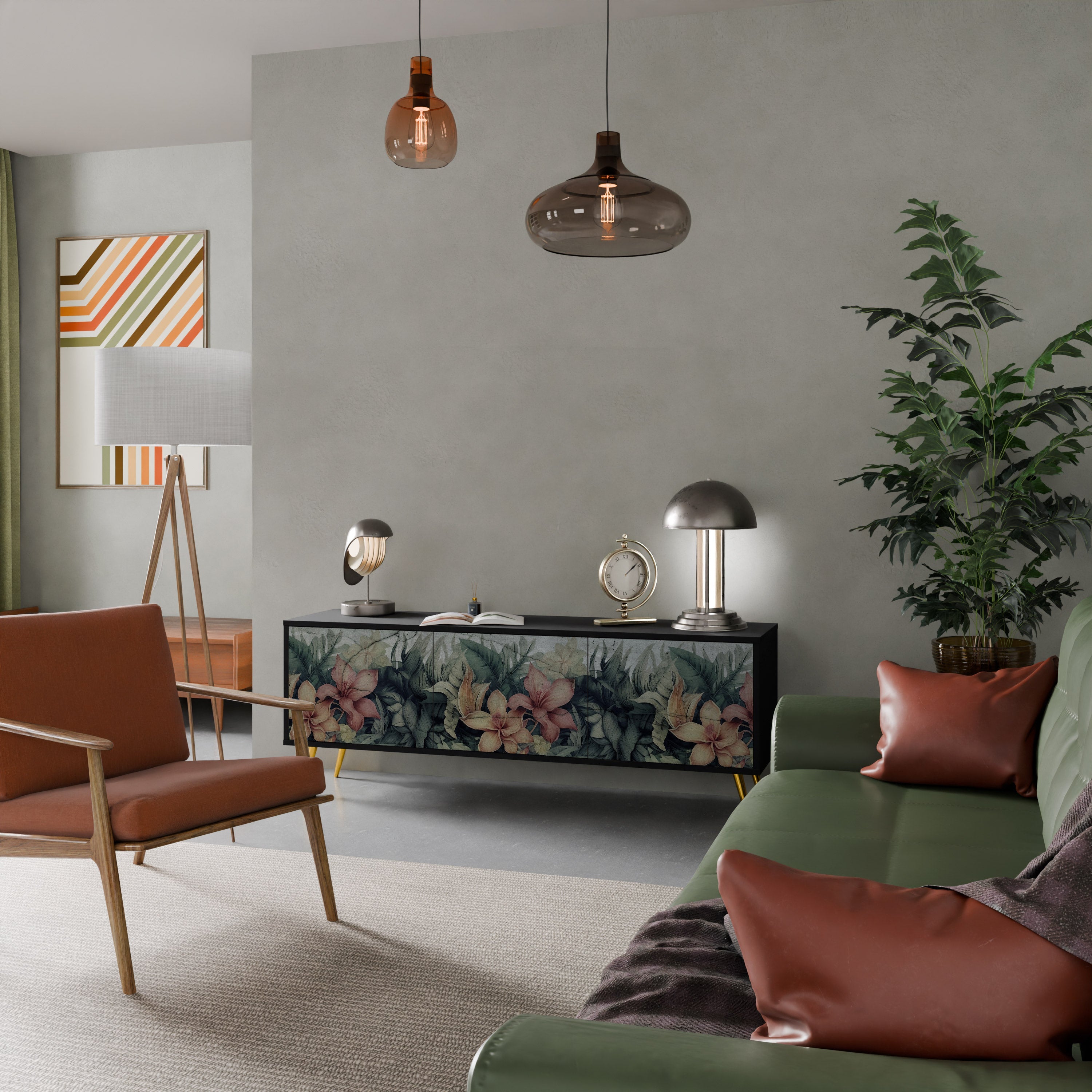 HEAVENLY BLOOM 3-Door TV Stand in Black Finish