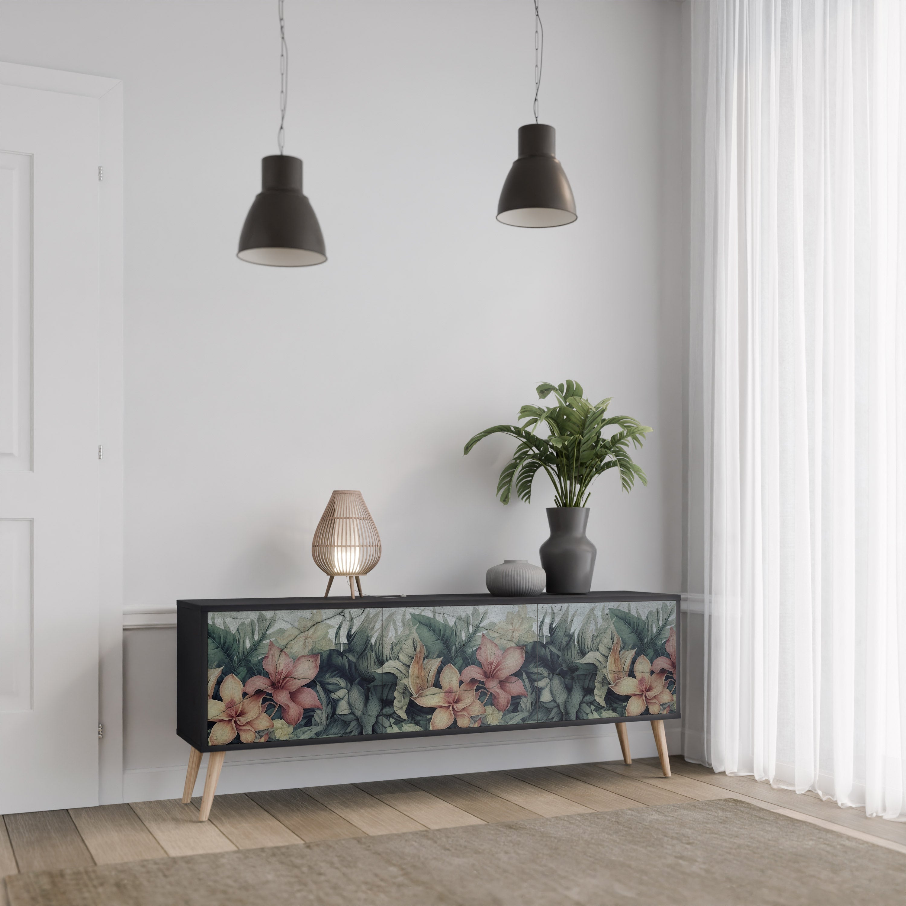 HEAVENLY BLOOM 3-Door TV Stand in Black Finish