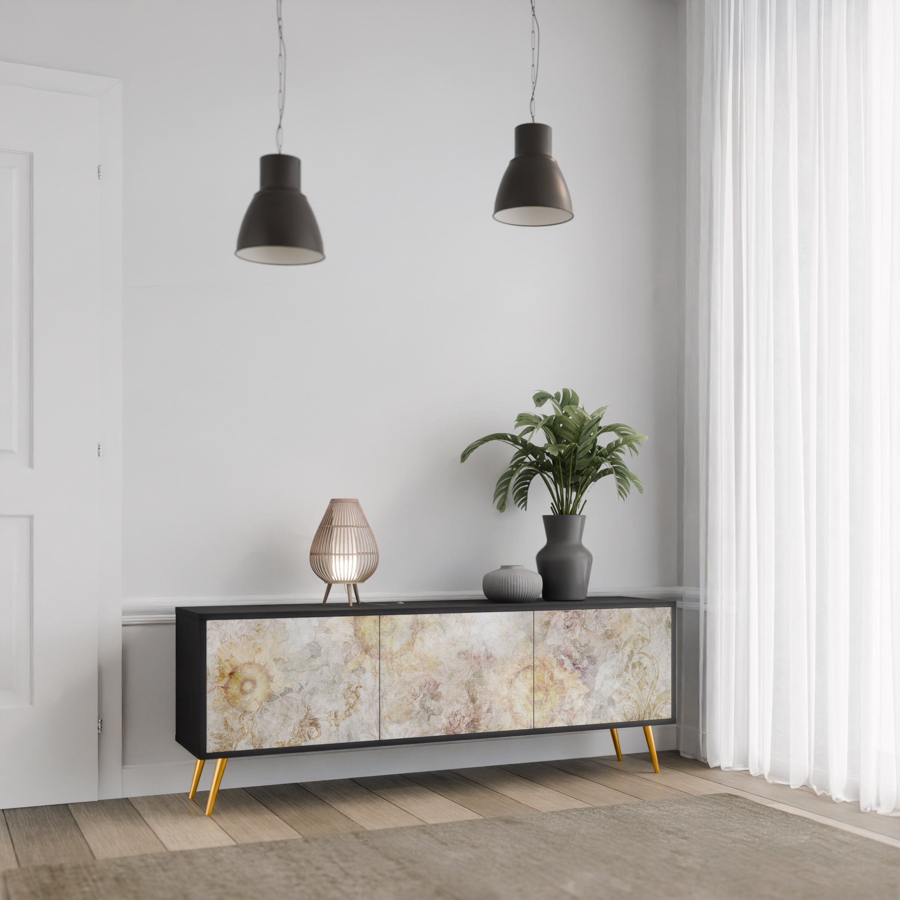 SUNFLOWER BLUR 3-Door TV Stand in Black Finish