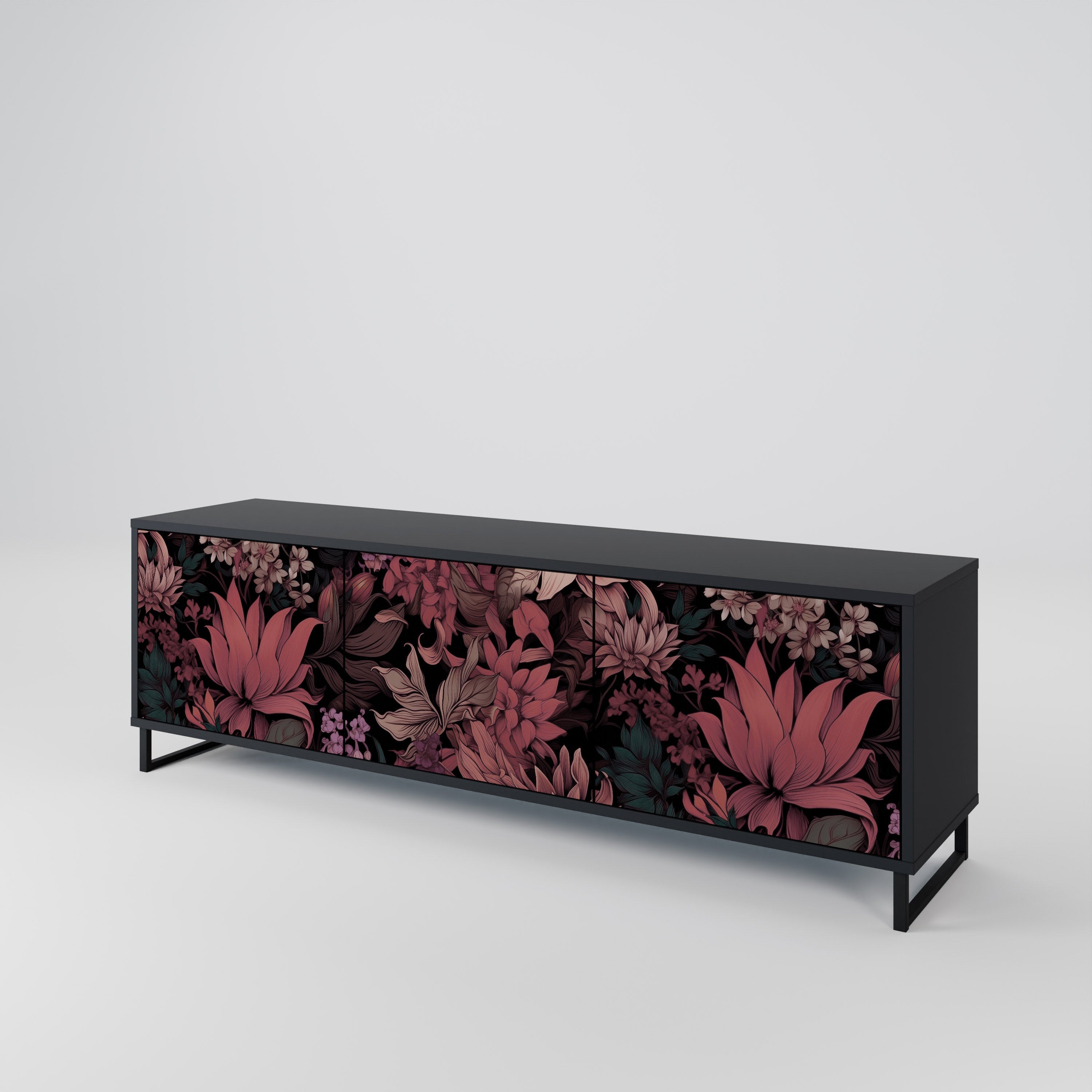 FLORAL WHISPER 3-Door TV Stand in Black Finish