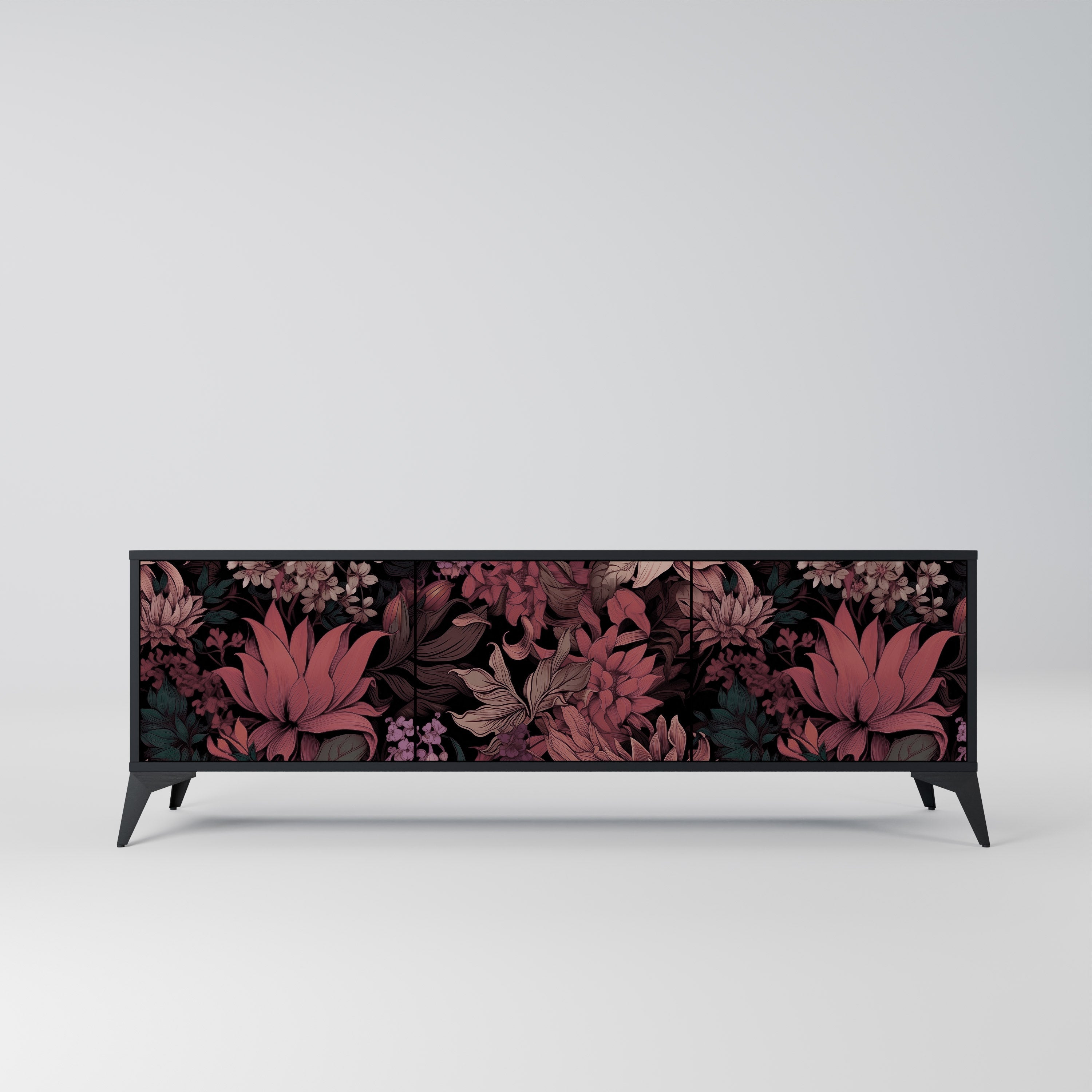FLORAL WHISPER Móvel de TV com 3 Portas em Acabamento Preto