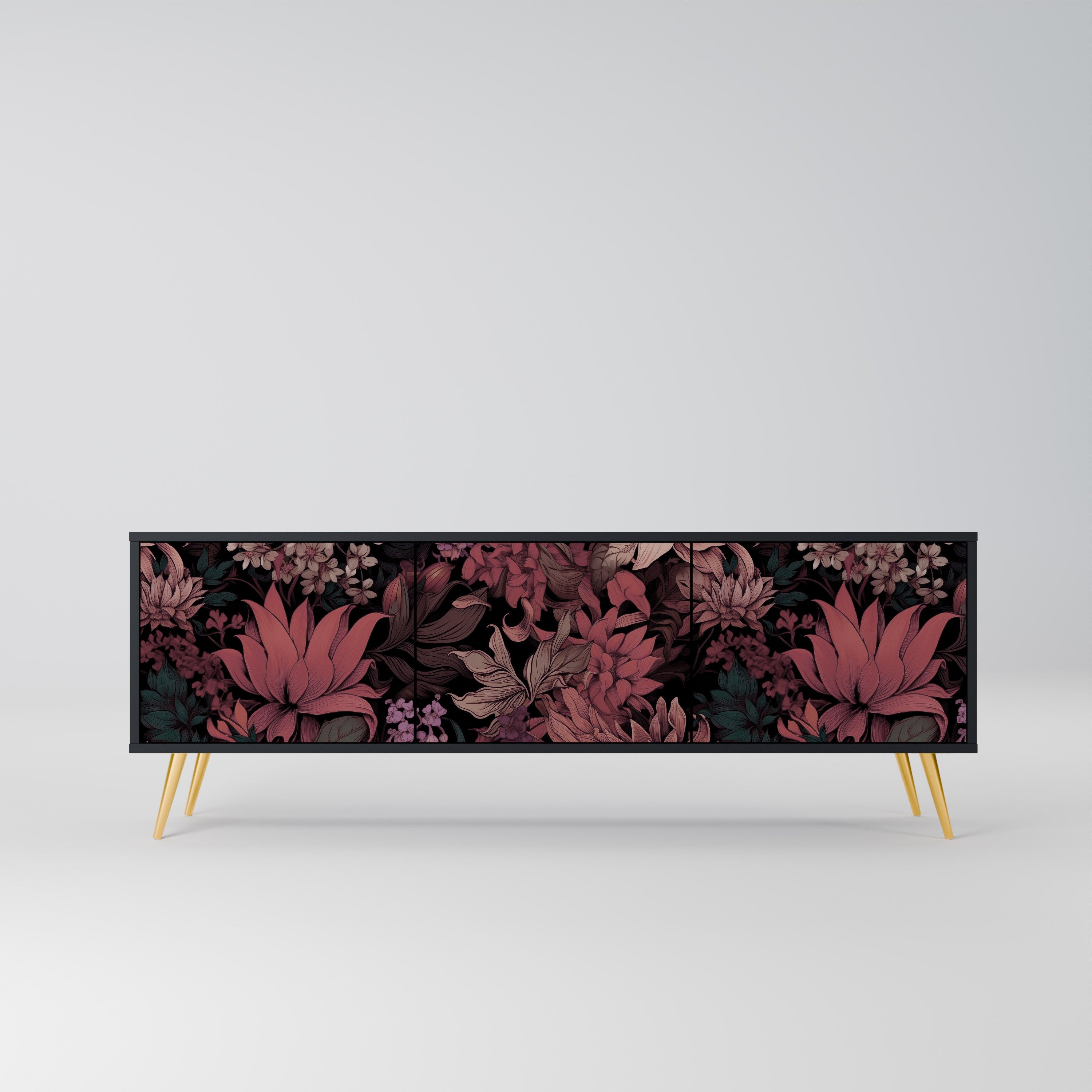 FLORAL WHISPER Móvel de TV com 3 Portas em Acabamento Preto