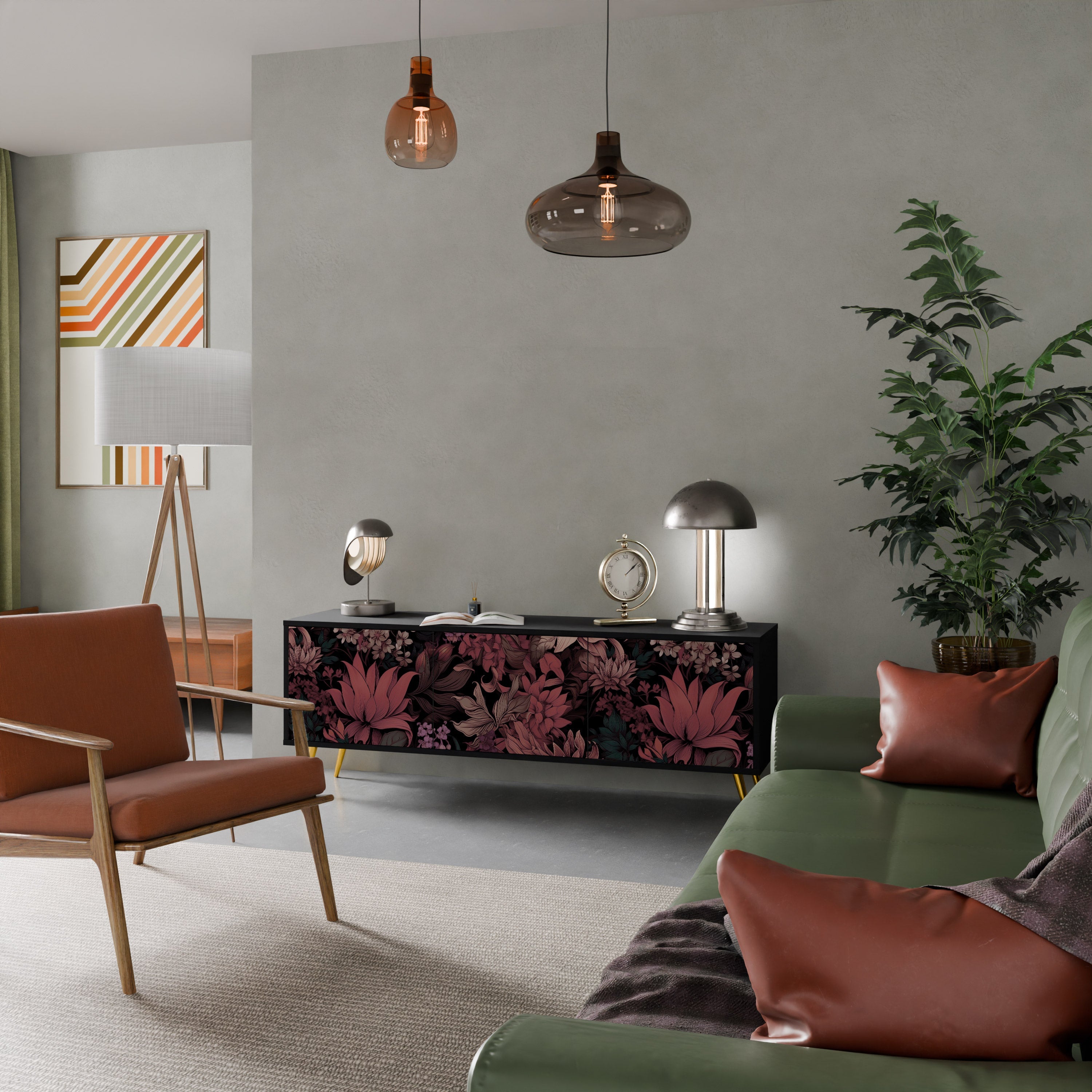 FLORAL WHISPER 3-Door TV Stand in Black Finish