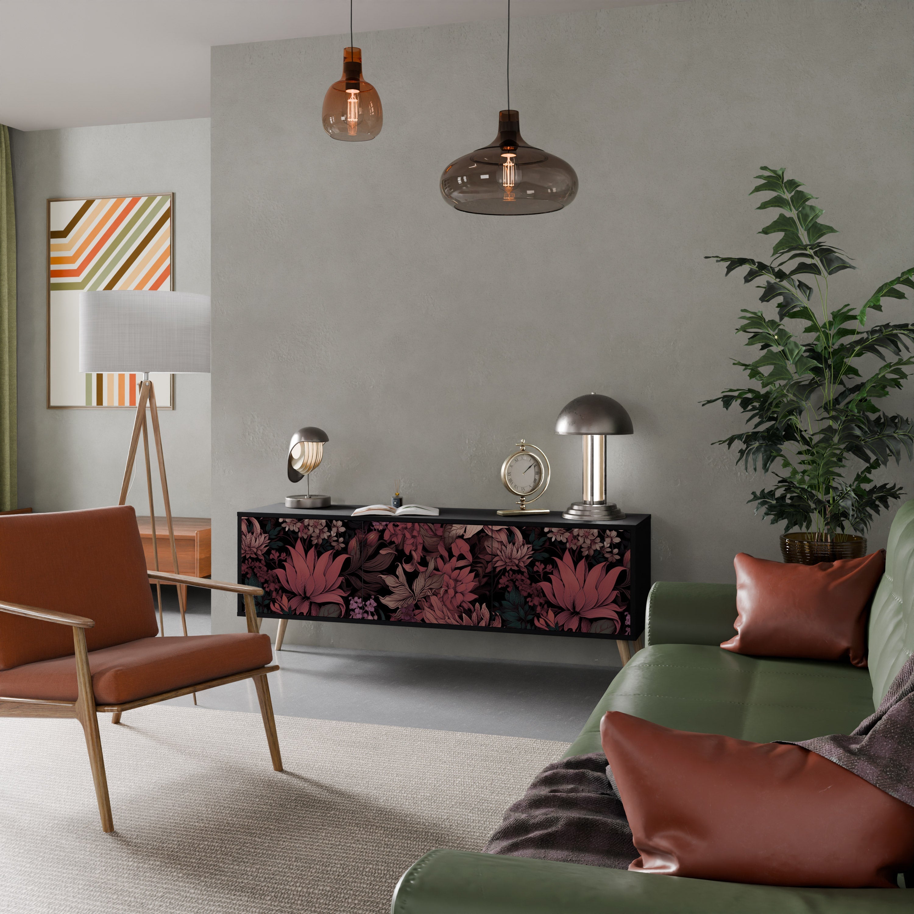 FLORAL WHISPER 3-Door TV Stand in Black Finish