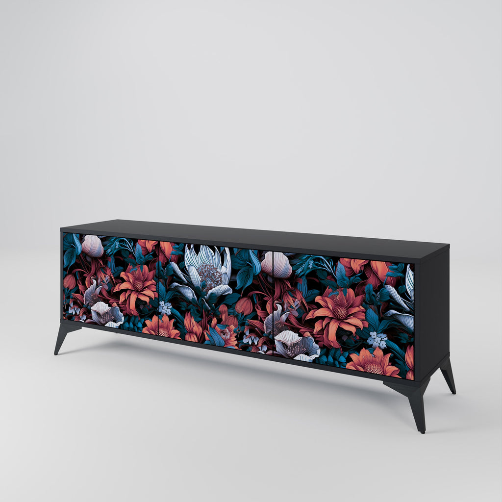 ETHEREAL BLOSSOMS 3-Door TV Stand in Black Finish
