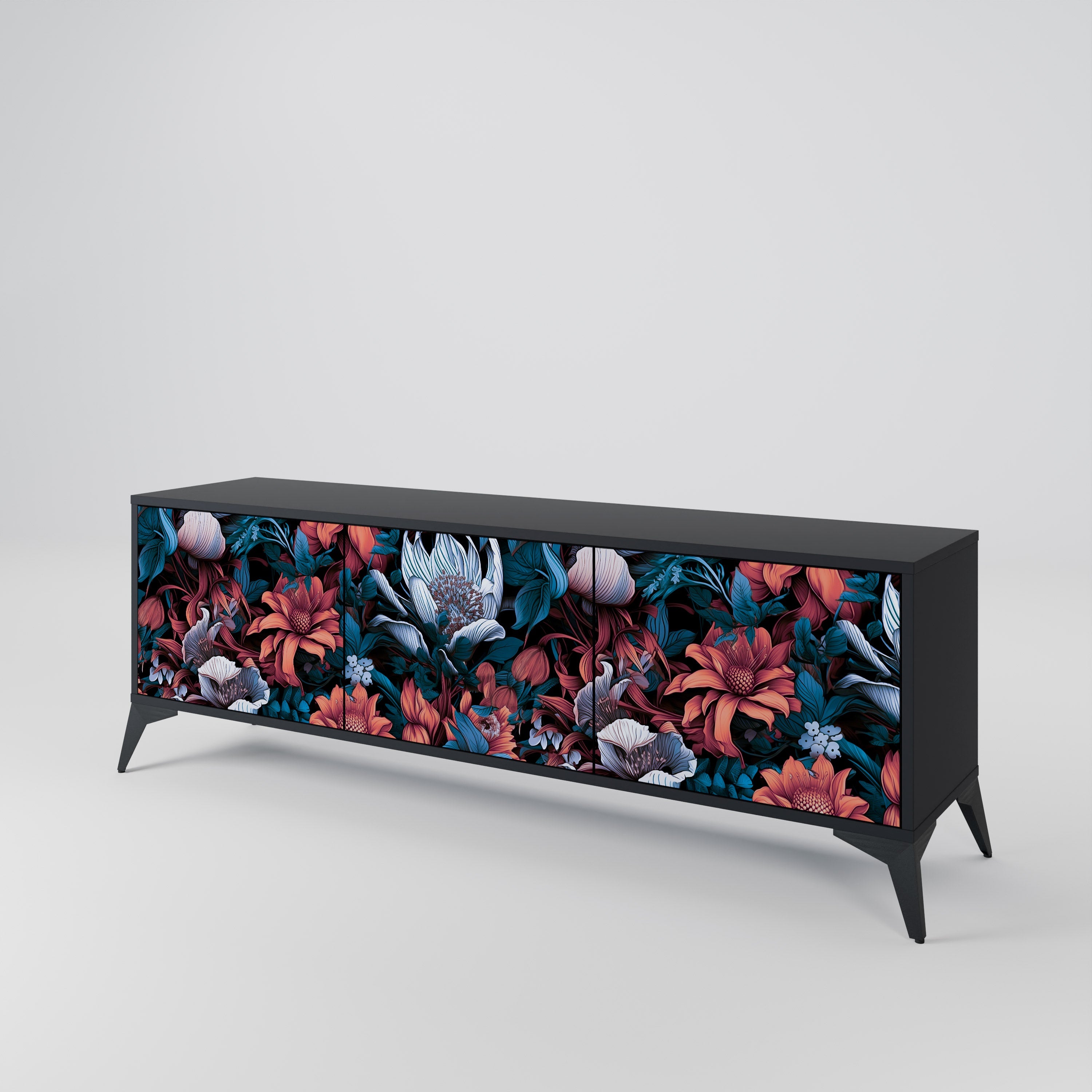 ETHEREAL BLOSSOMS 3-Door TV Stand in Black Finish