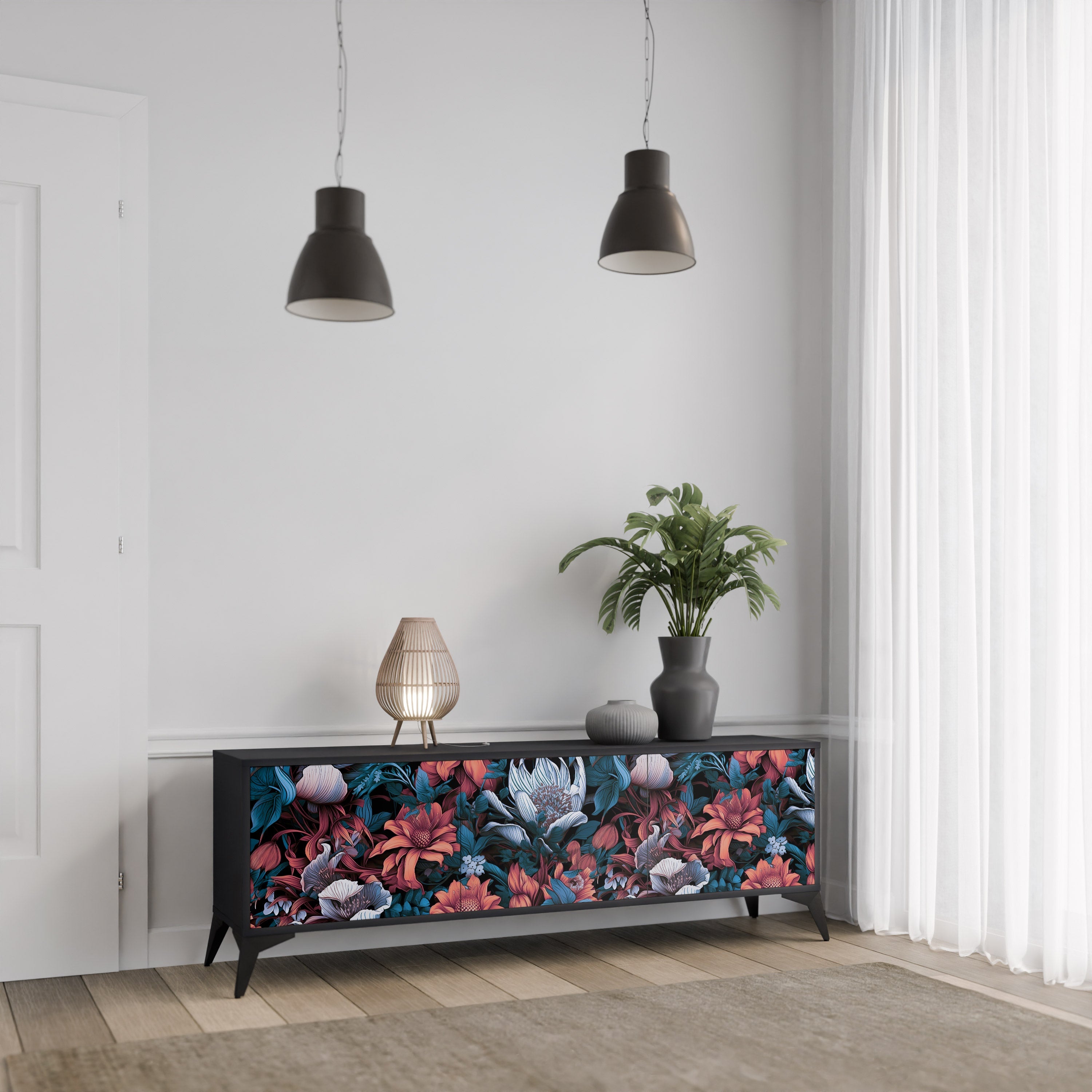 ETHEREAL BLOSSOMS 3-Door TV Stand in Black Finish