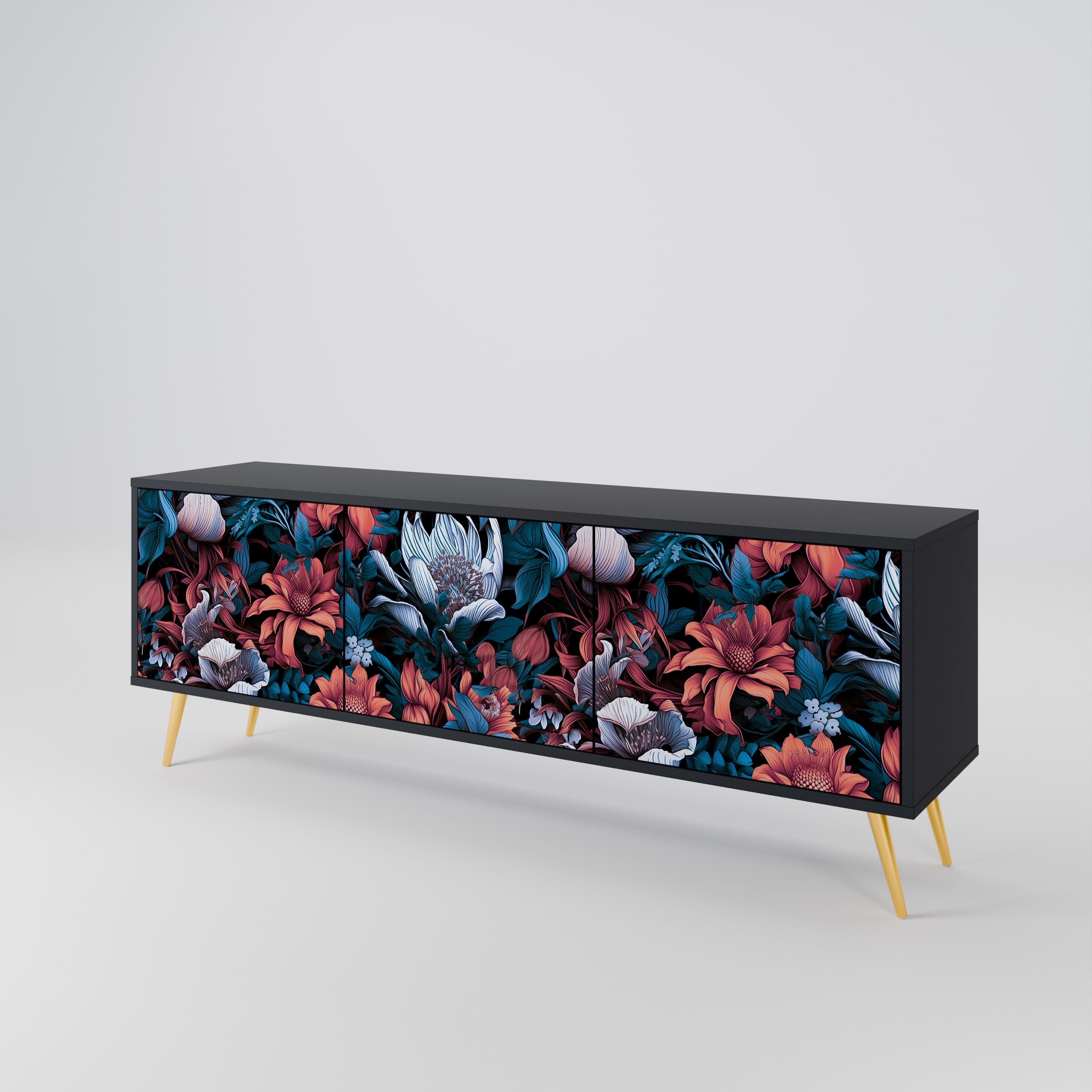 ETHEREAL BLOSSOMS 3-Door TV Stand in Black Finish