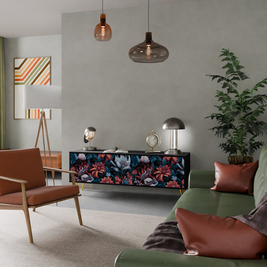 ETHEREAL BLOSSOMS 3-Door TV Stand in Black Finish