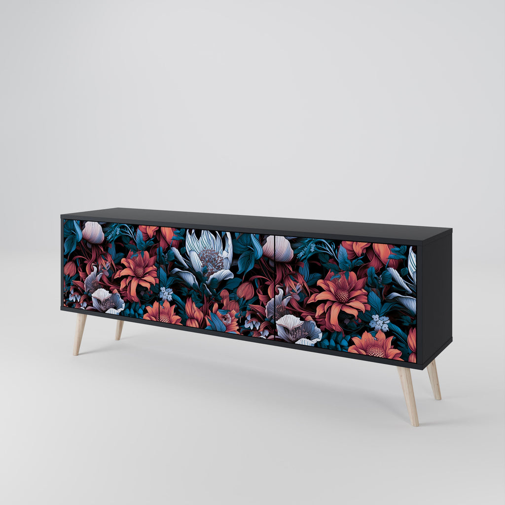 ETHEREAL BLOSSOMS 3-Door TV Stand in Black Finish