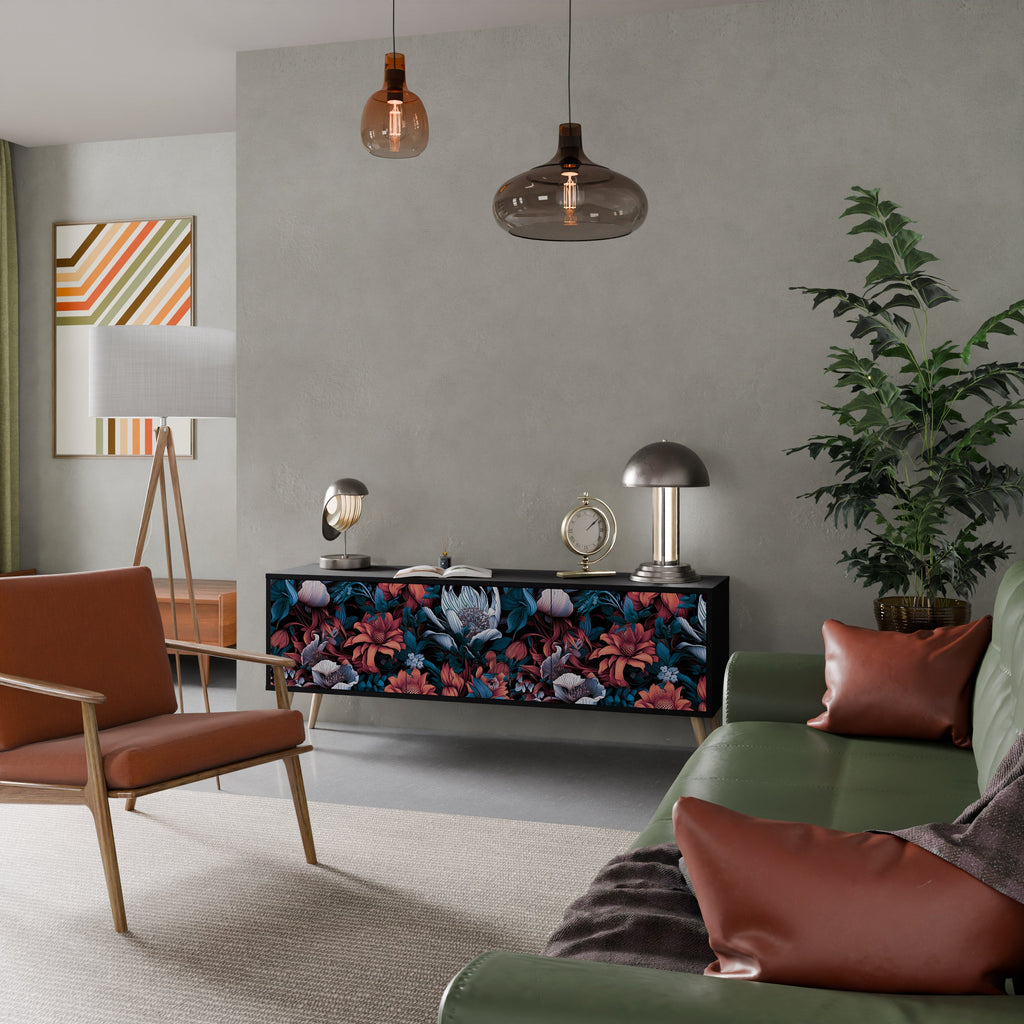 ETHEREAL BLOSSOMS 3-Door TV Stand in Black Finish