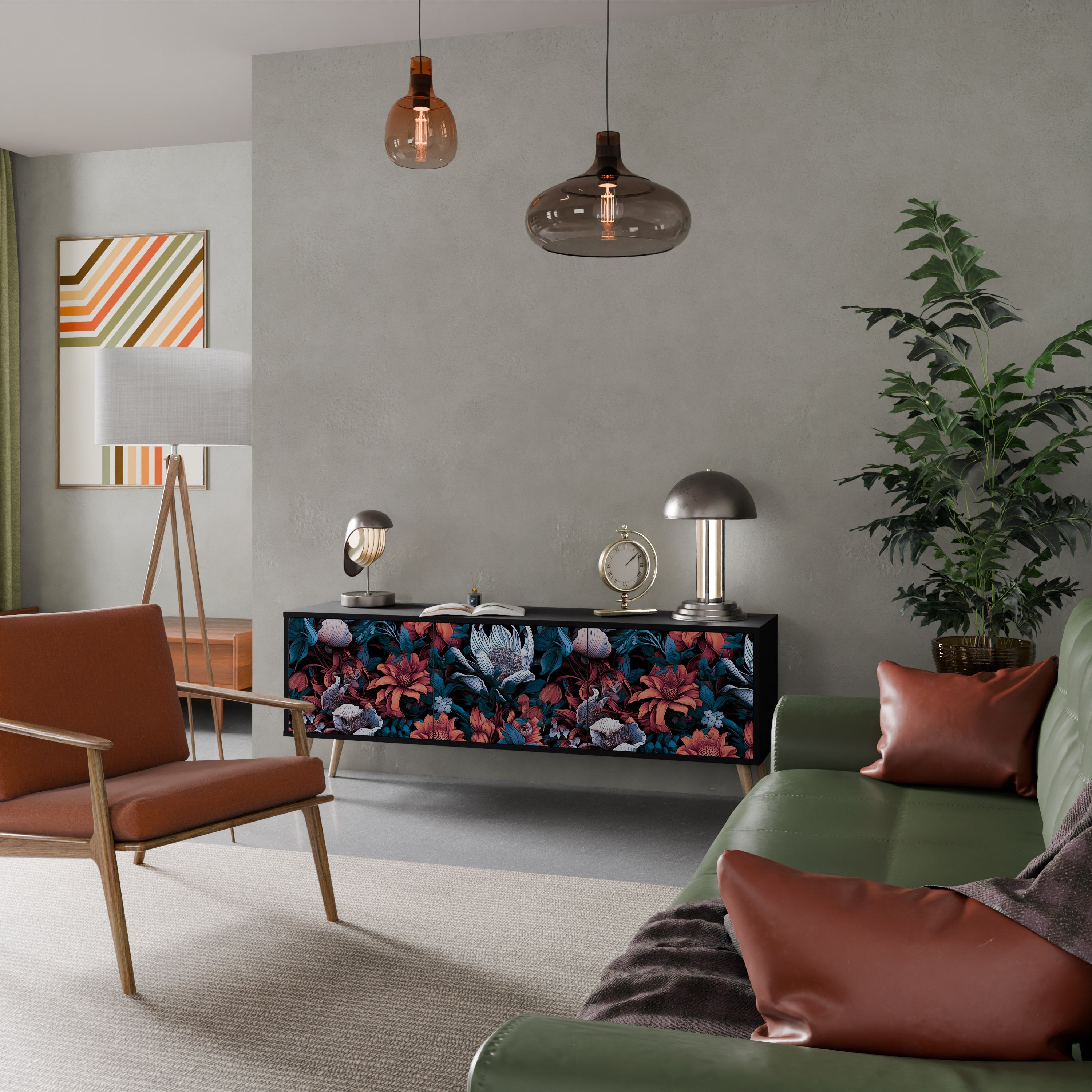 ETHEREAL BLOSSOMS 3-Door TV Stand in Black Finish