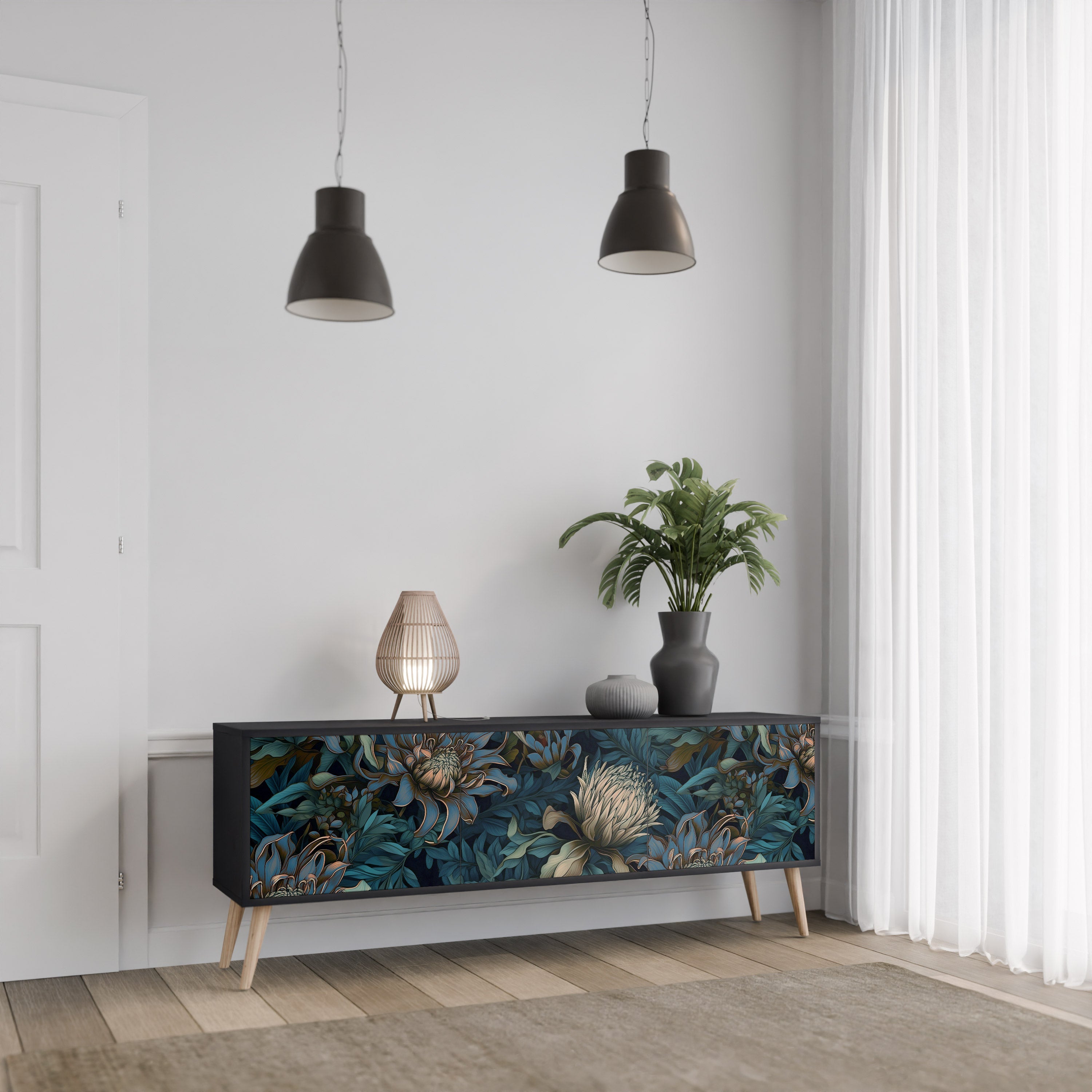 TWILIGHT BLOOM Móvel de TV com 3 Portas em Acabamento Preto