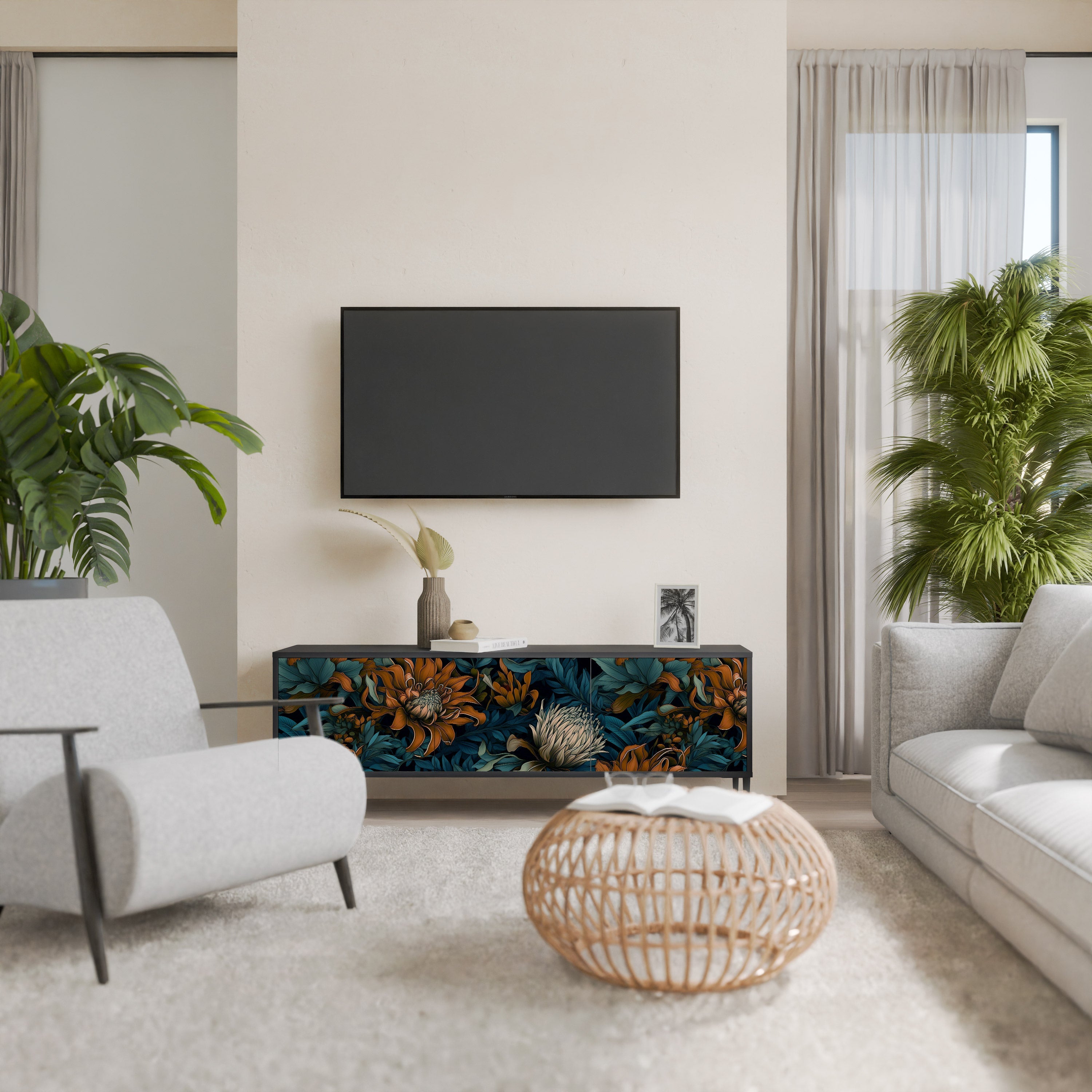 MORNING BLOOM Móvel de TV com 3 Portas em Acabamento Preto