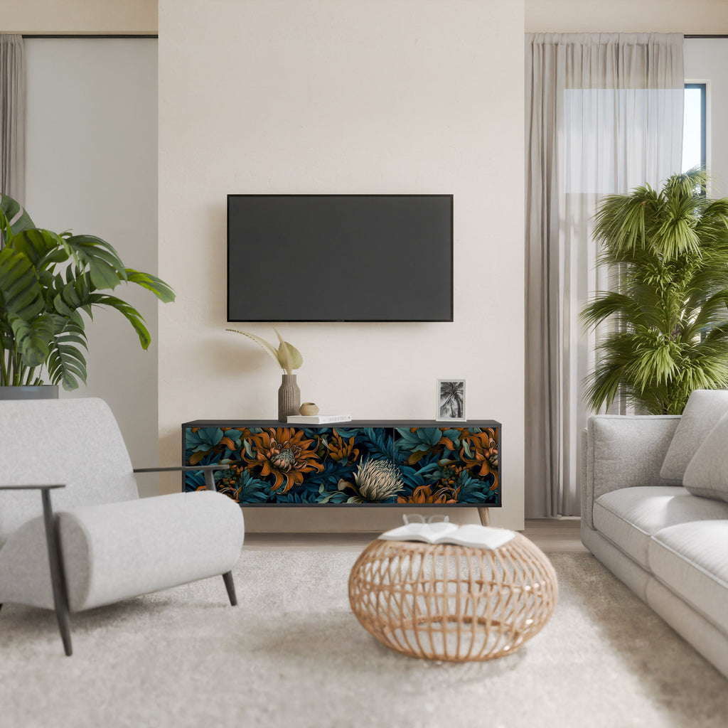 MORNING BLOOM 3-Door TV Stand in Black Finish