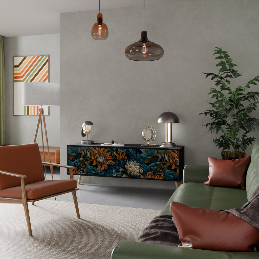 MORNING BLOOM 3-Door TV Stand in Black Finish