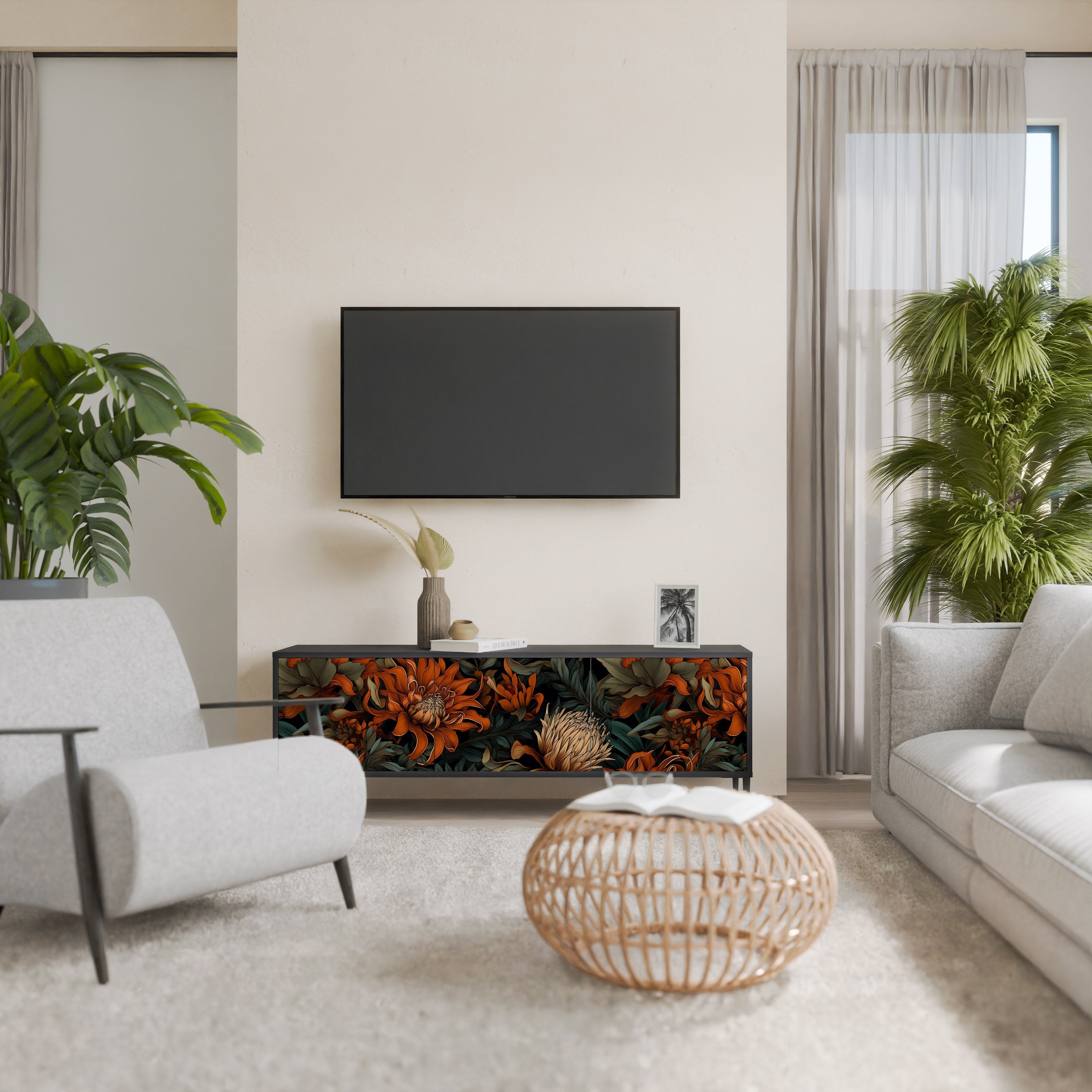 DAWN BLOOM Móvel de TV com 3 Portas em Acabamento Preto